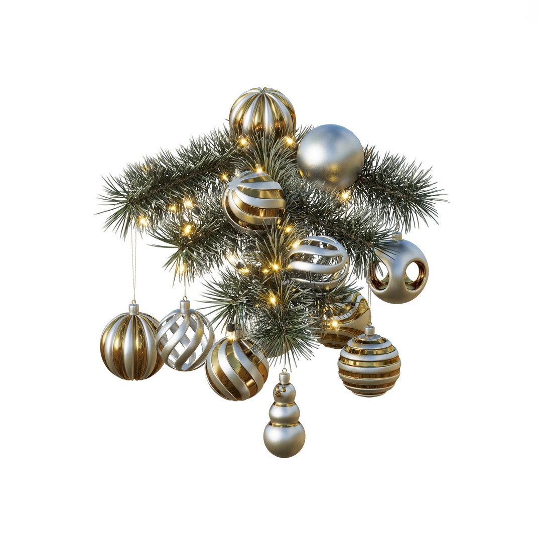 Christmas Tree Pine Branch 3D Model – Realistic Decoration with Ornaments - View 16