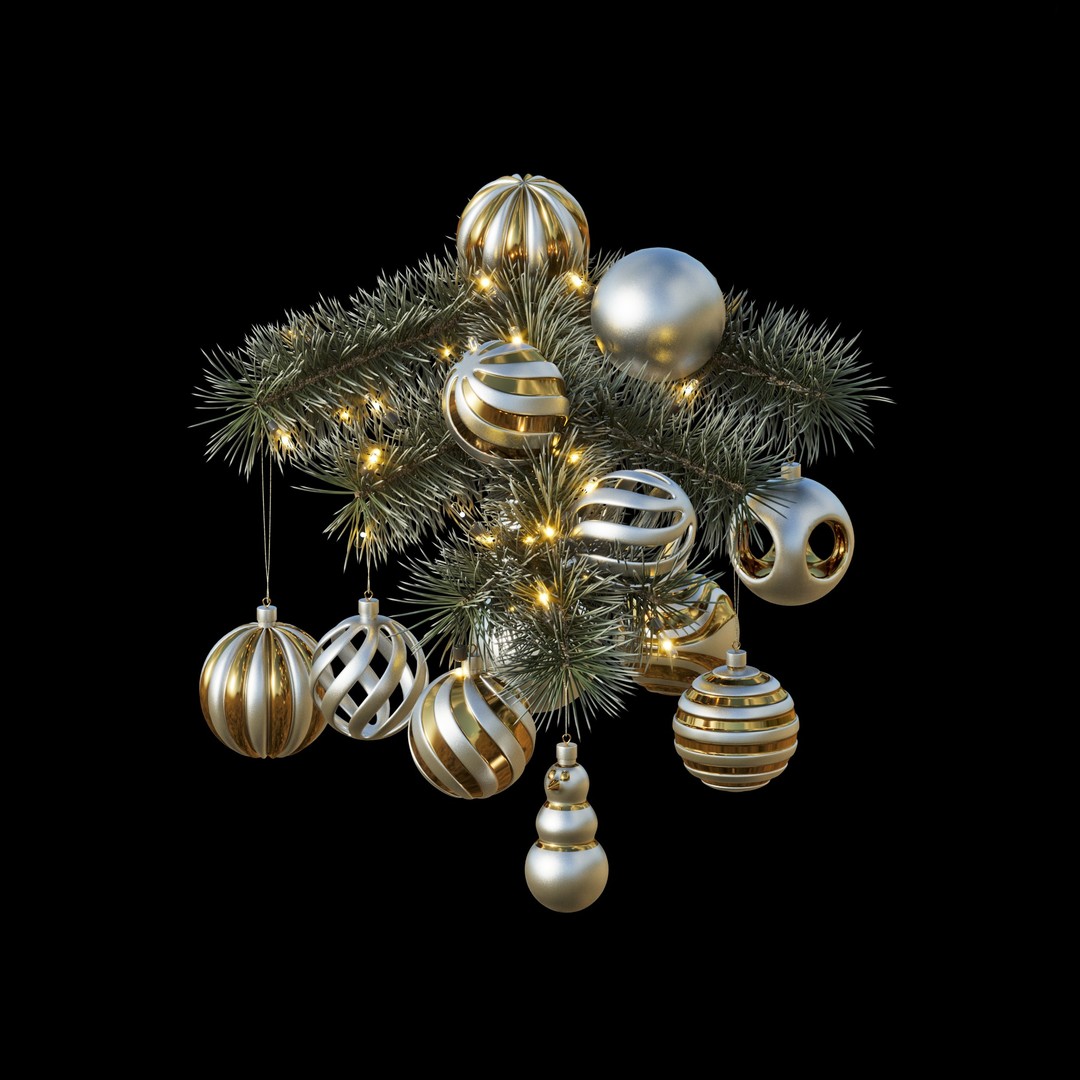 Christmas Tree Pine Branch 3D Model – Realistic Decoration with Ornaments - View 17
