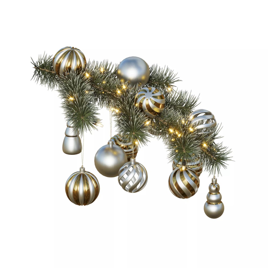 Christmas Tree Pine Branch 3D Model – Realistic Decoration with Ornaments - View 2