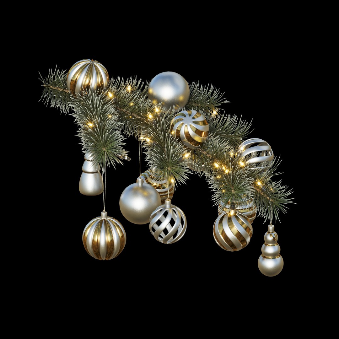 Christmas Tree Pine Branch 3D Model – Realistic Decoration with Ornaments - View 3