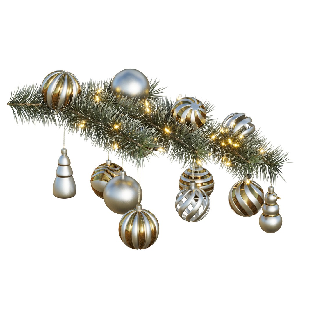 Christmas Tree Pine Branch 3D Model – Realistic Decoration with Ornaments - View 4