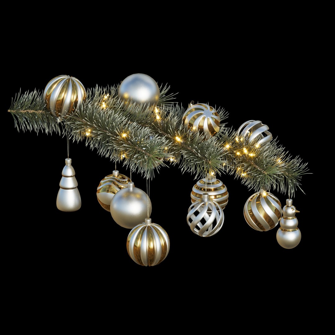 Christmas Tree Pine Branch 3D Model – Realistic Decoration with Ornaments - View 5