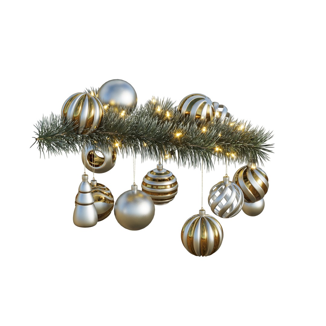 Christmas Tree Pine Branch 3D Model – Realistic Decoration with Ornaments - View 6