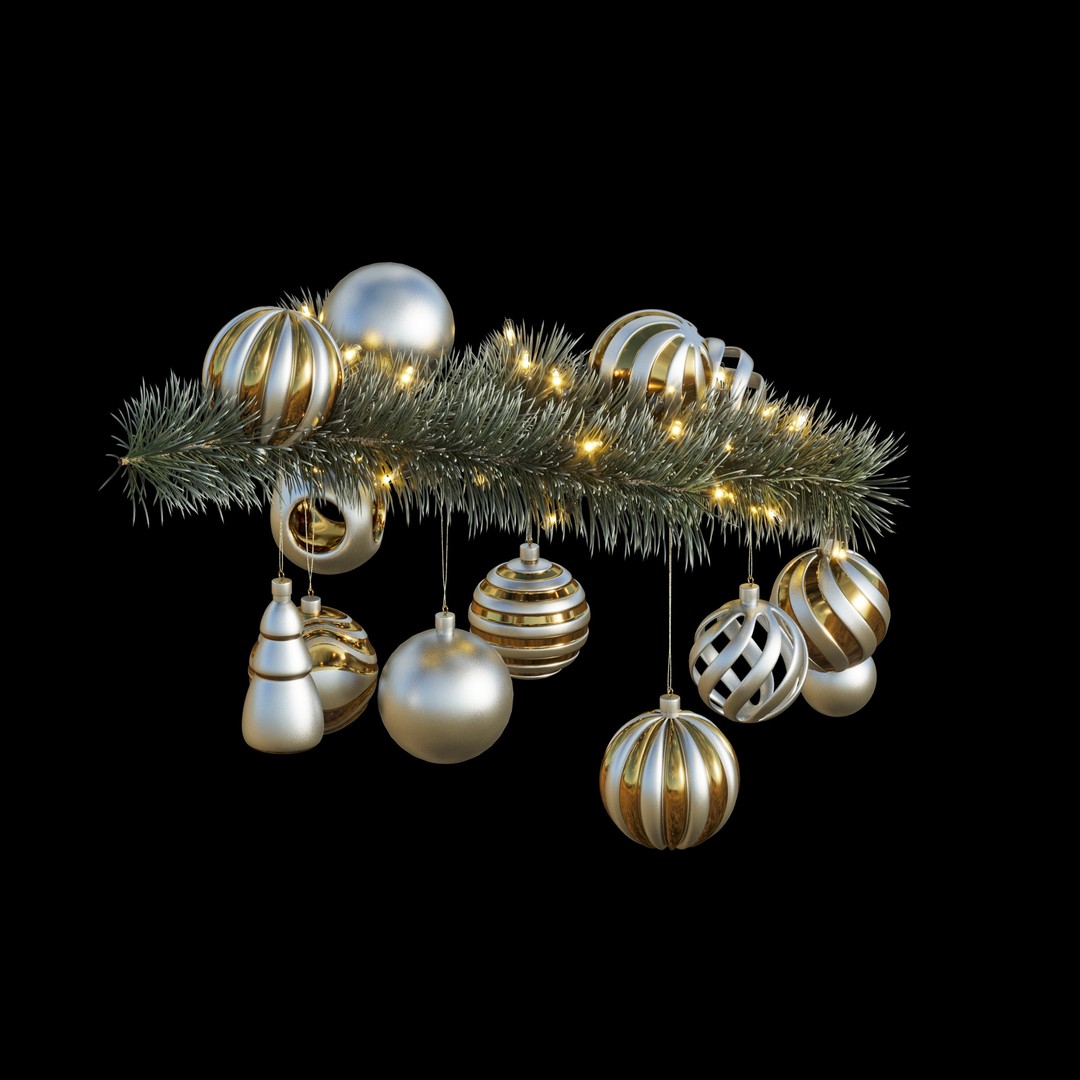 Christmas Tree Pine Branch 3D Model – Realistic Decoration with Ornaments - View 7