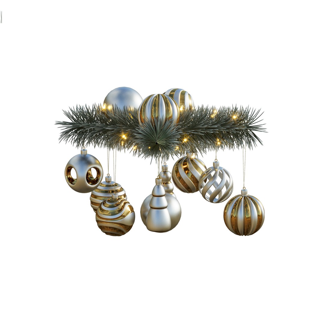 Christmas Tree Pine Branch 3D Model – Realistic Decoration with Ornaments - View 8