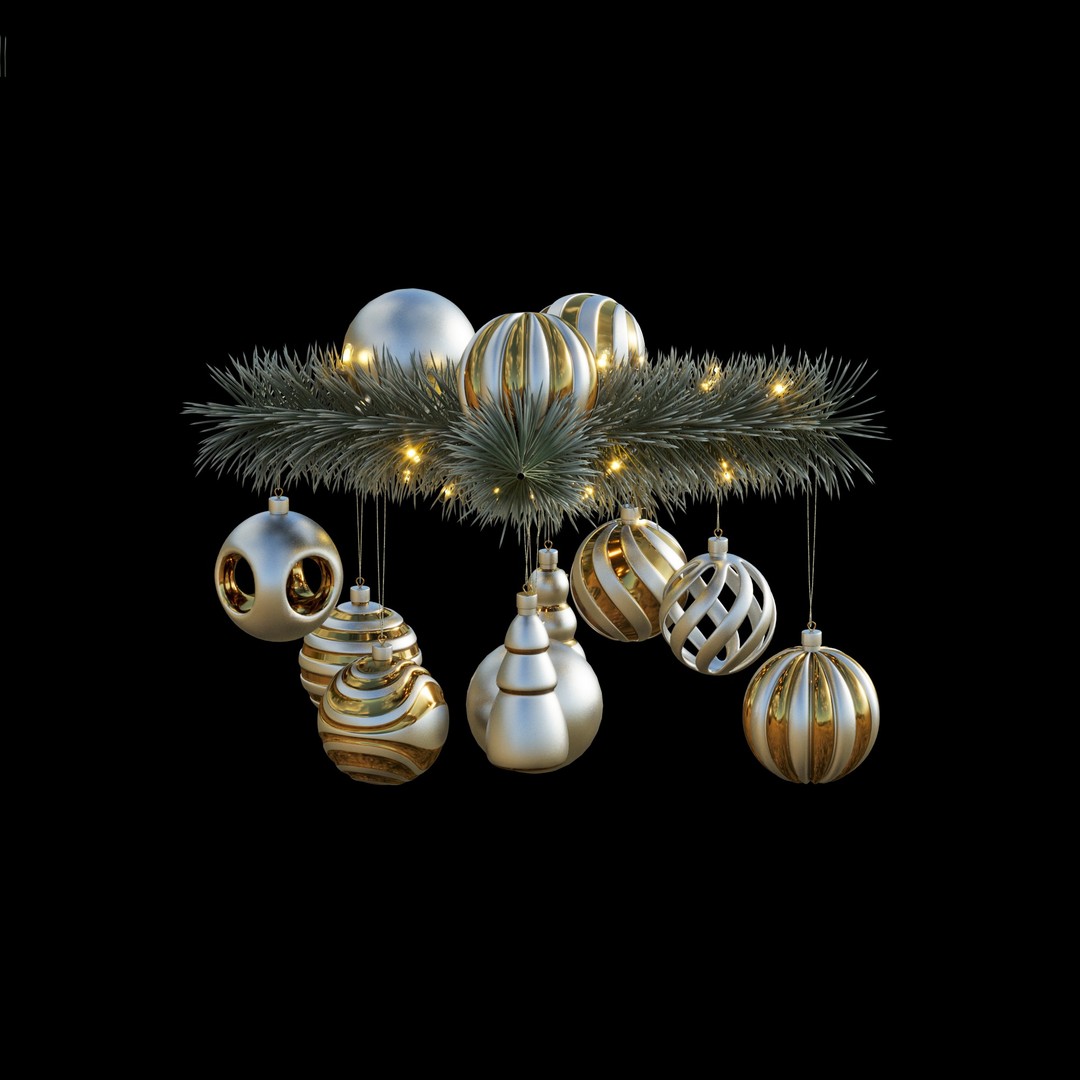 Christmas Tree Pine Branch 3D Model – Realistic Decoration with Ornaments - View 9