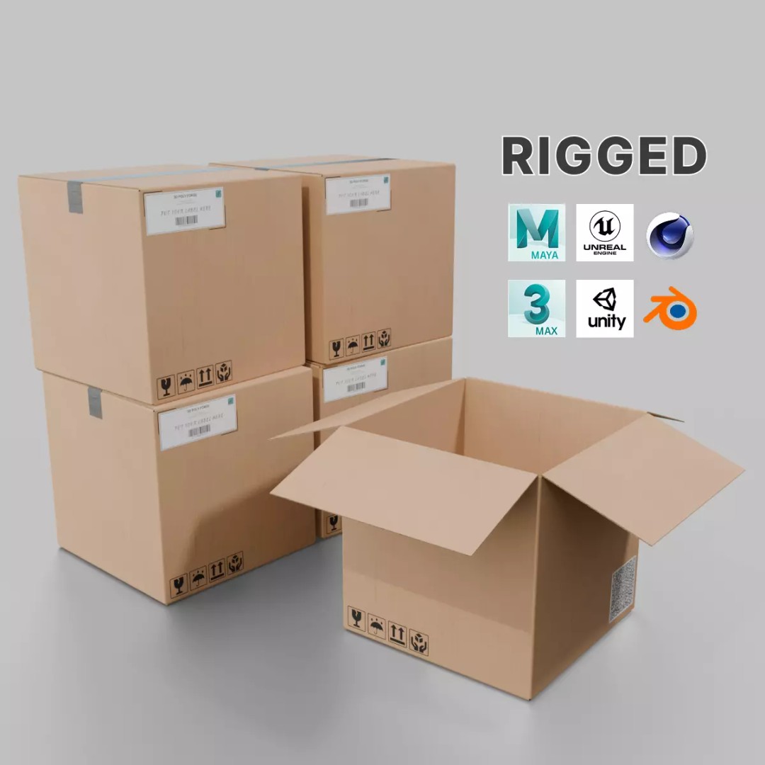 Cardboard Box 3D Model – Rigged Low-Poly PBR Asset for Games - View 2