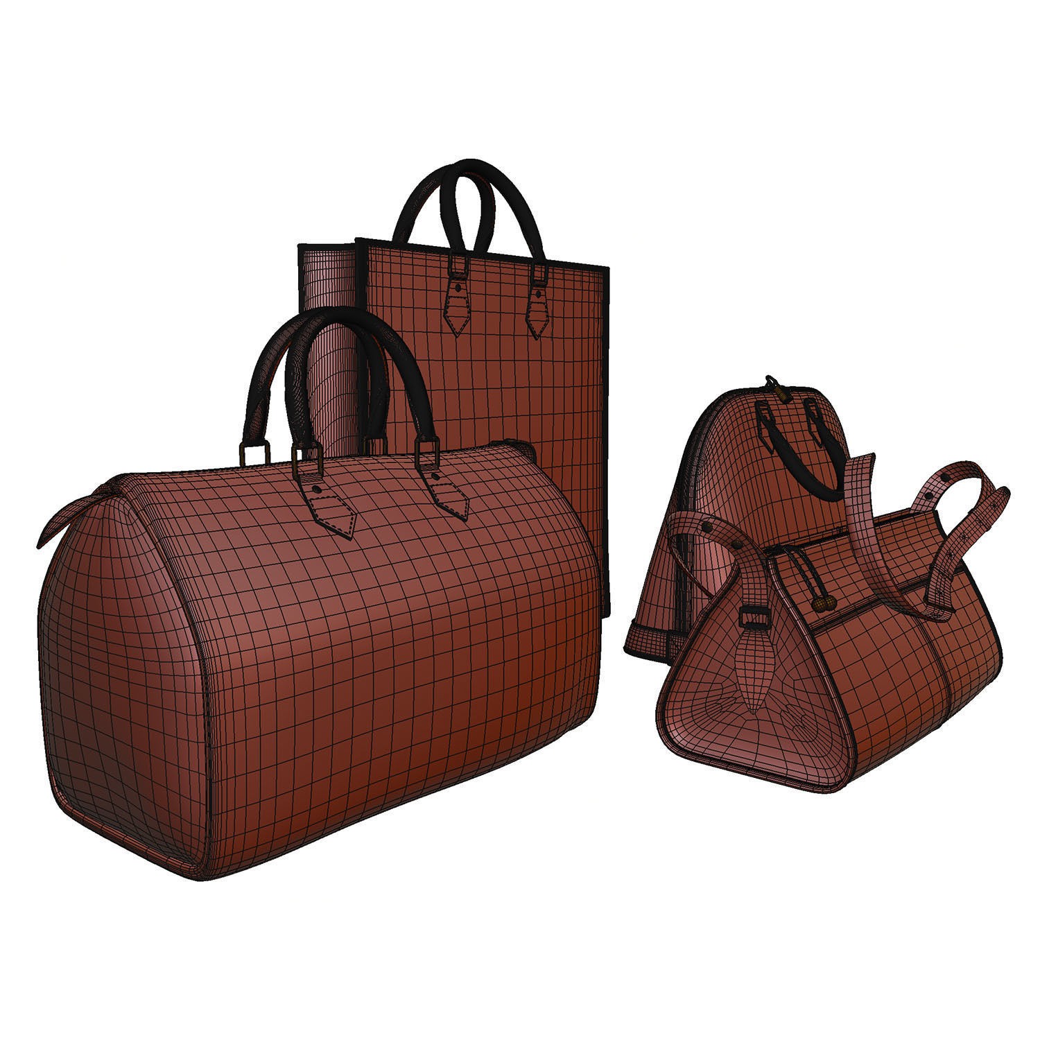 Set of Four Stylish Brown Bags - 3D Model - View 15