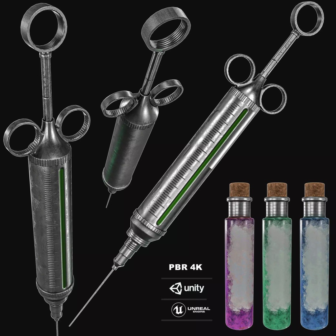 Vintage Medical Syringe 3D Model – Low Poly PBR Game Asset, FBX - View 2