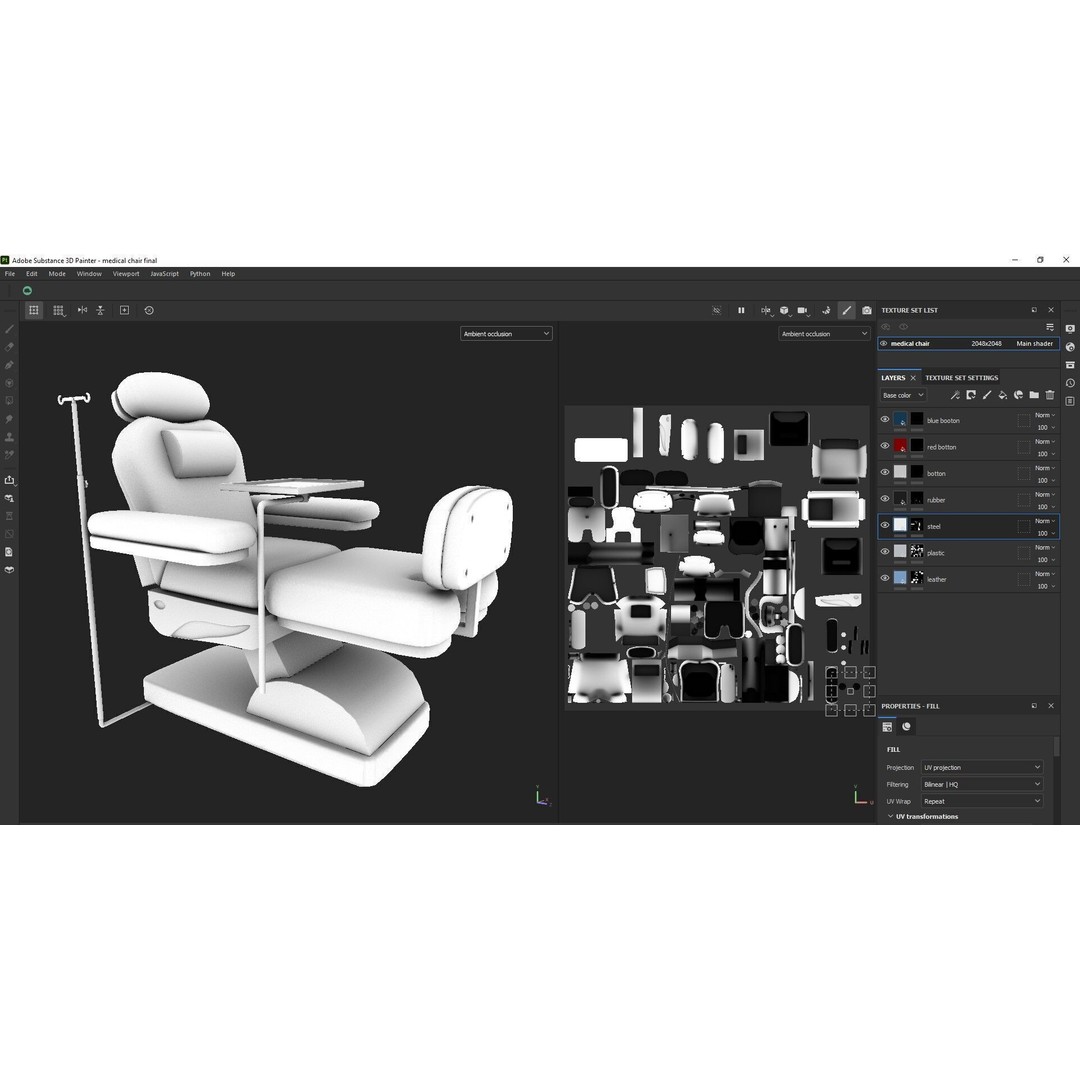 Multifunction Electric Blood Donation Chair 3D Model – Low Poly PBR Medical Asset, FBX - View 24
