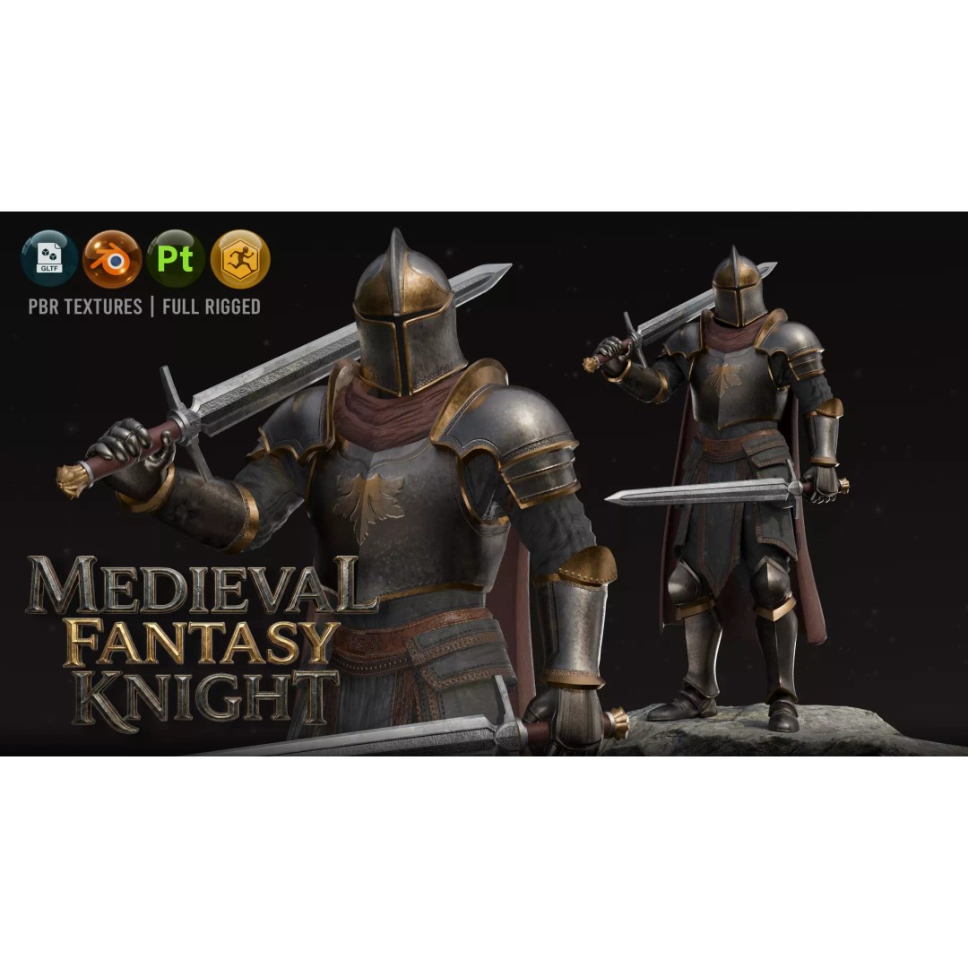 Medieval Knight 3D Model – Low Poly Rigged Character, PBR Textures - View 2