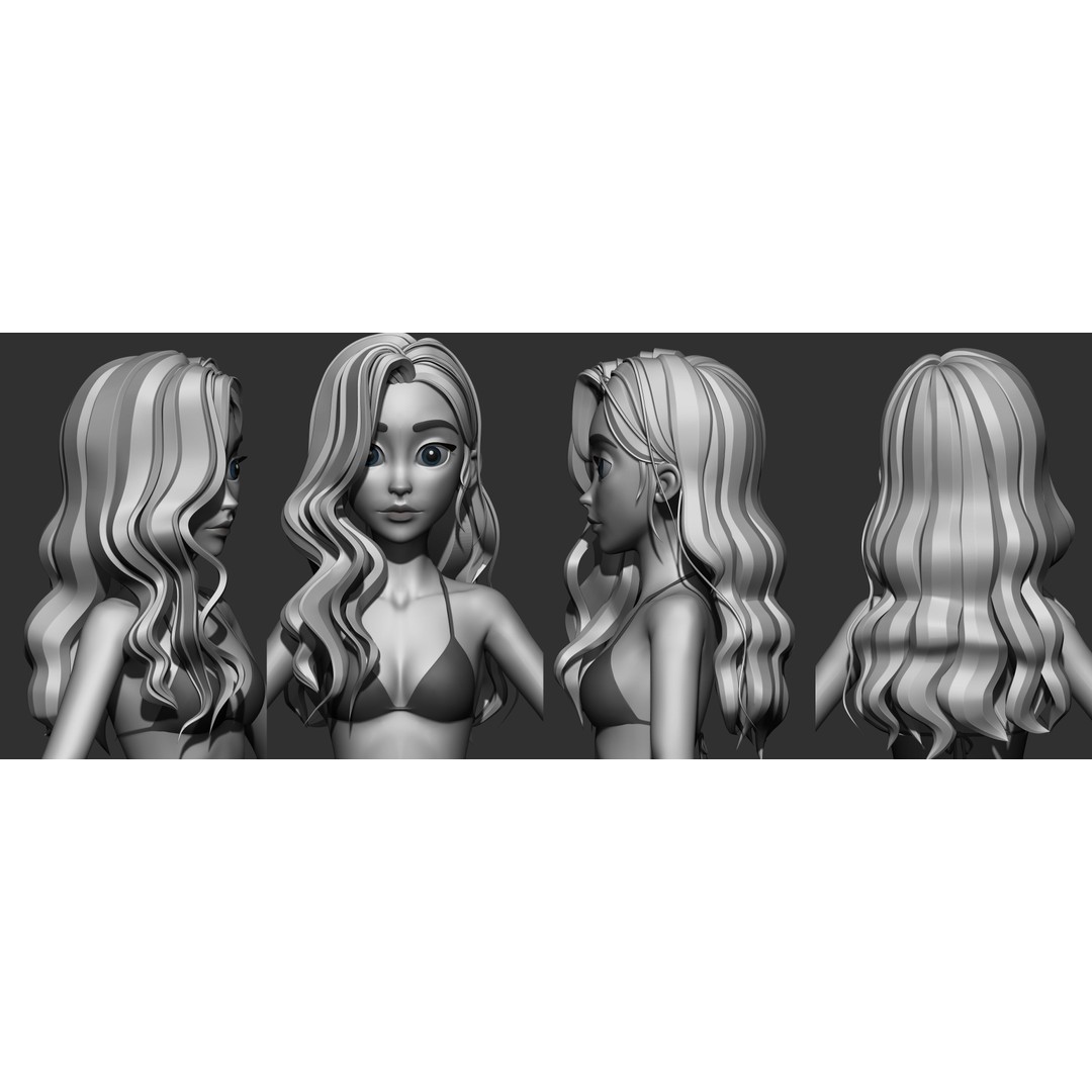 Stylized Female Hair 3D Model – High Poly & Low Poly, FBX, Game Asset - View 14