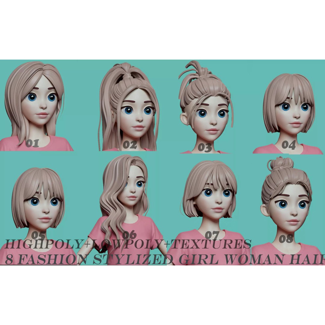 Stylized Female Hair 3D Model – High Poly & Low Poly, FBX, Game Asset - View 2