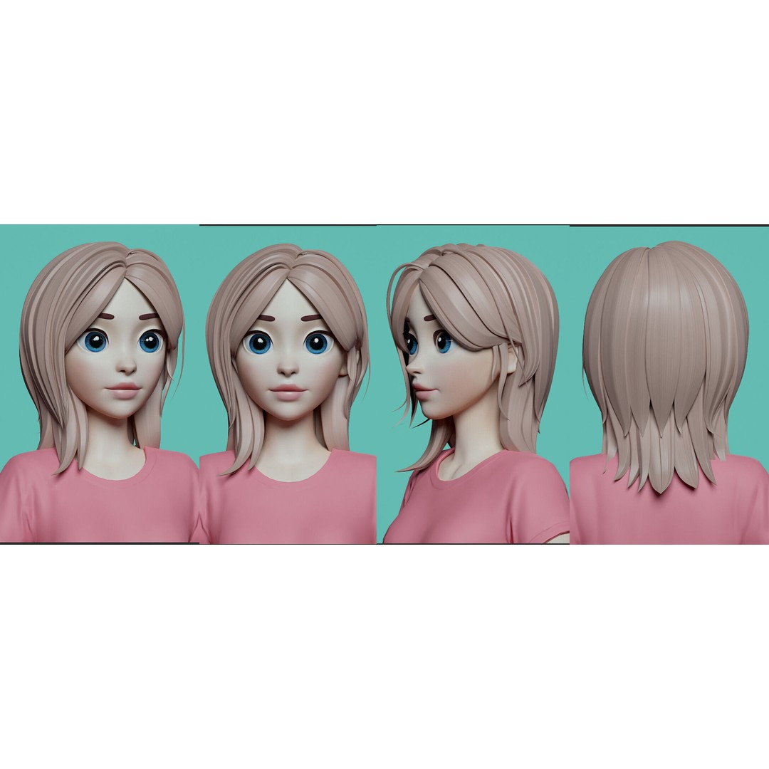 Stylized Female Hair 3D Model – High Poly & Low Poly, FBX, Game Asset - View 3