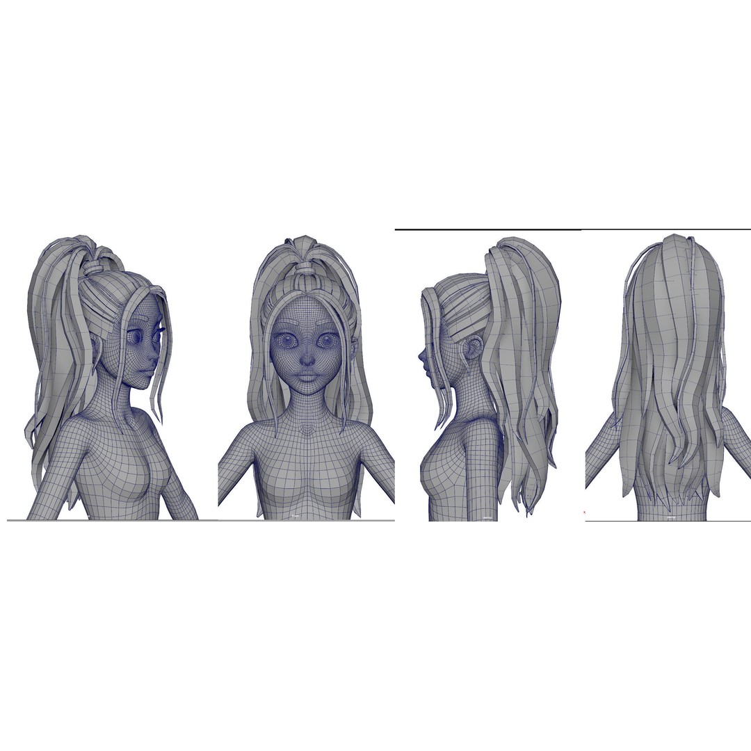 Stylized Female Hair 3D Model – High Poly & Low Poly, FBX, Game Asset - View 6