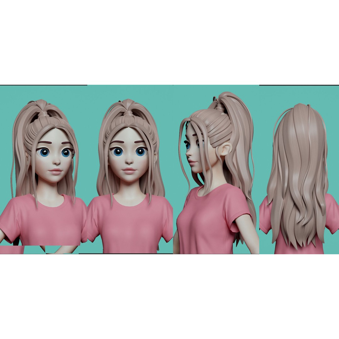 Stylized Female Hair 3D Model – High Poly & Low Poly, FBX, Game Asset - View 7