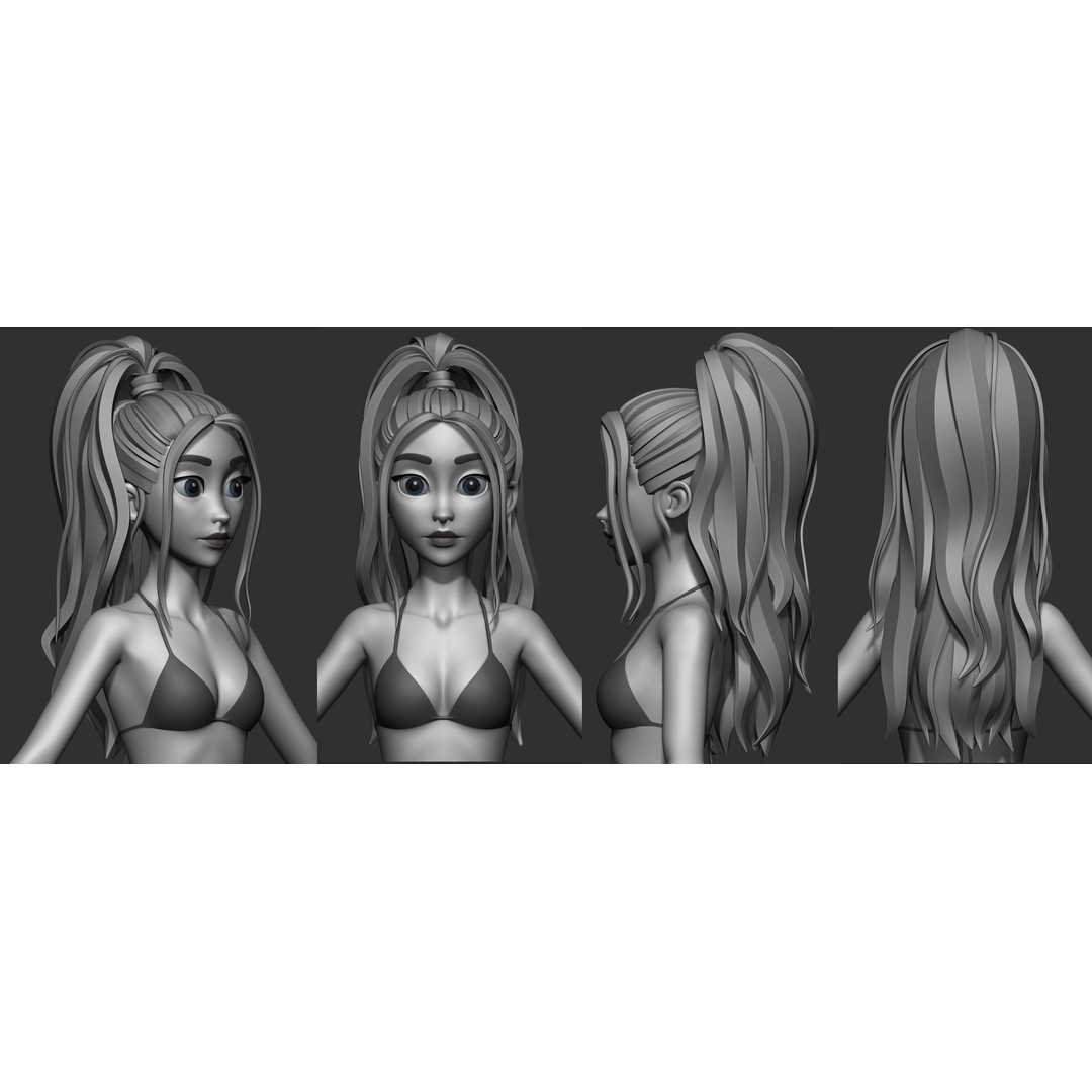 Stylized Female Hair 3D Model – High Poly & Low Poly, FBX, Game Asset - View 8