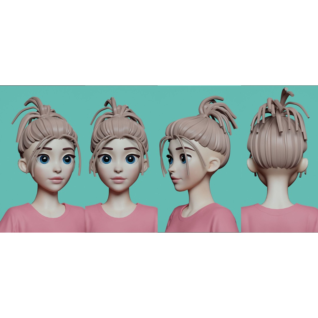 Stylized Female Hair 3D Model – High Poly & Low Poly, FBX, Game Asset - View 9