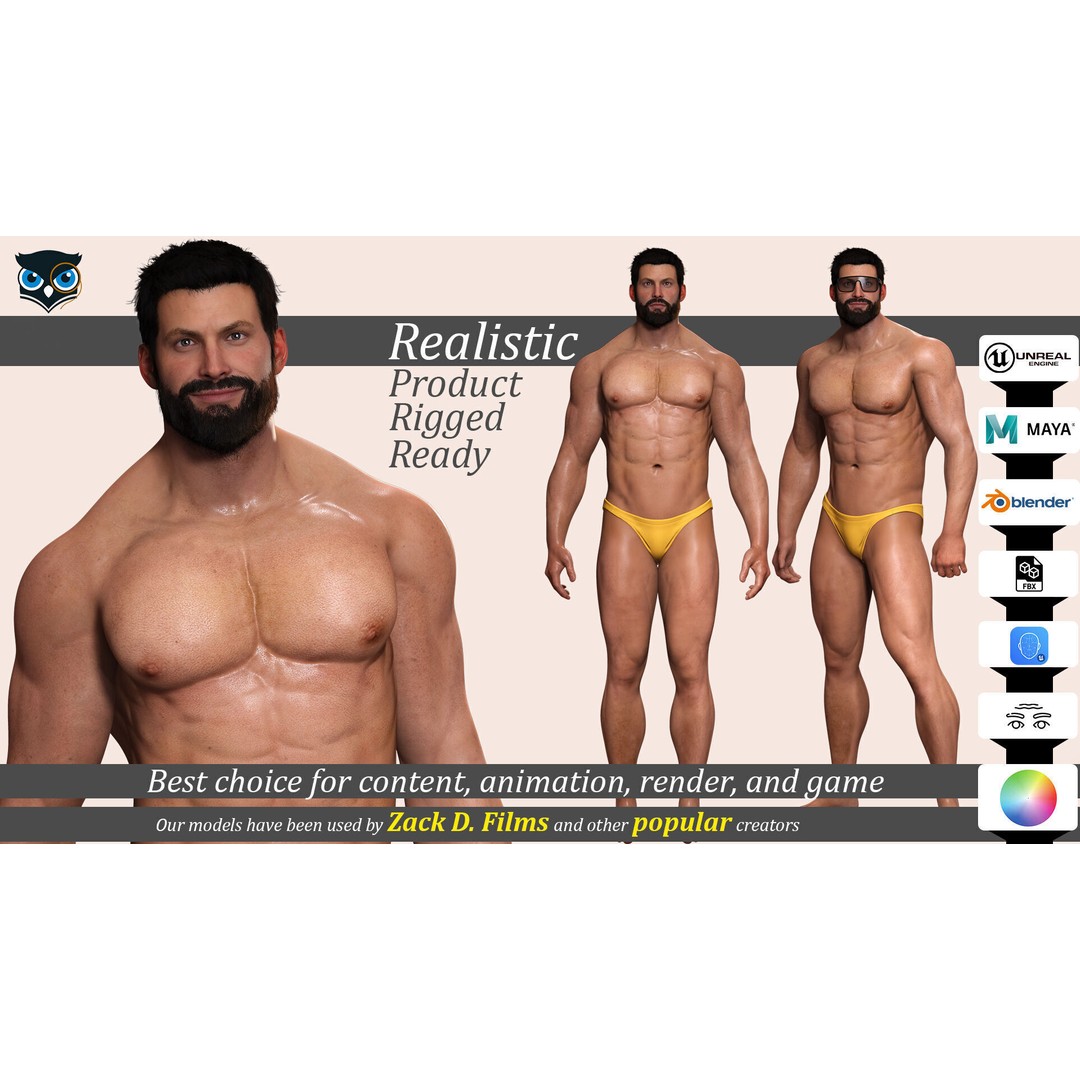 Realistic Male Bodybuilder 3D Model – Rigged Low-Poly PBR Asset, FBX - View 3