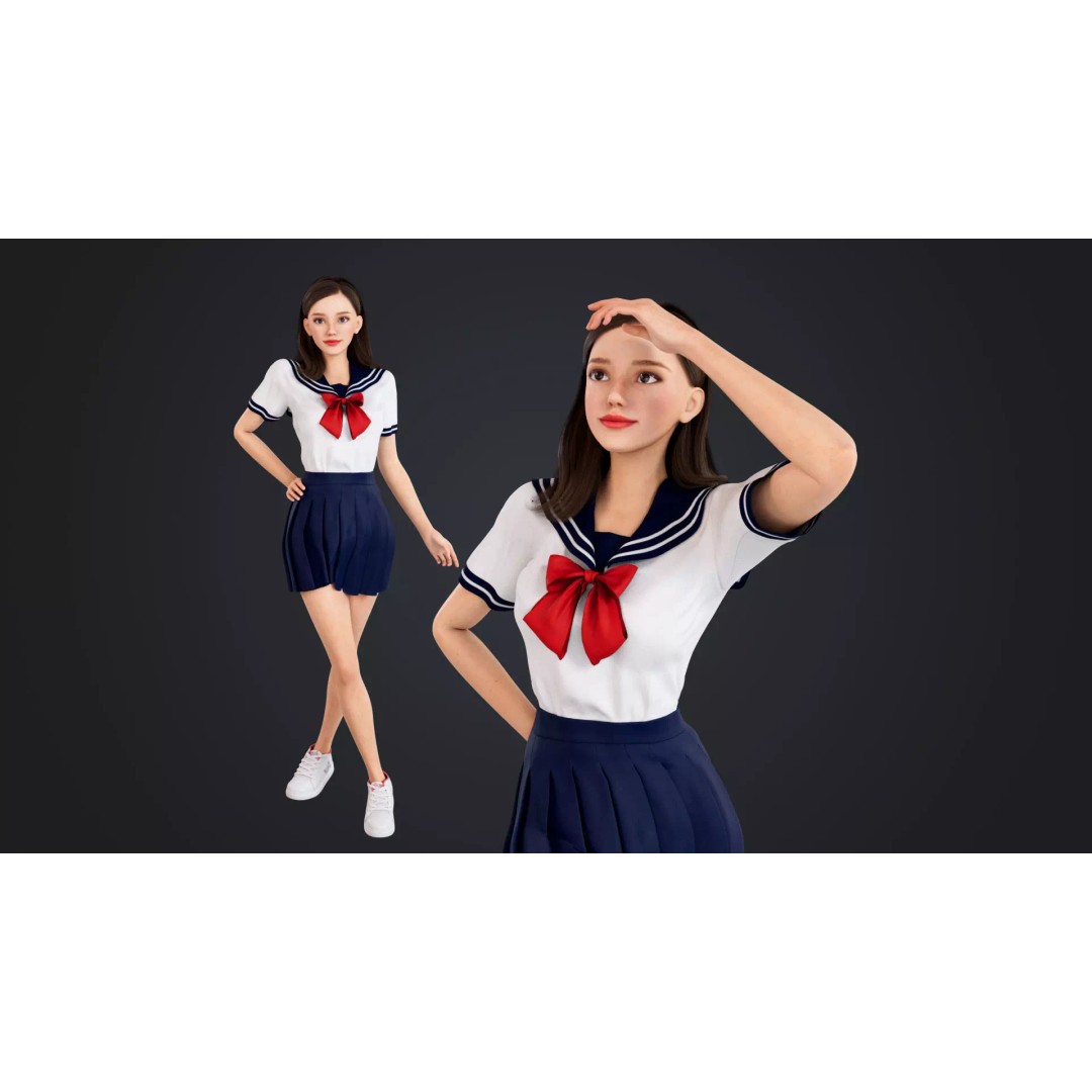 JK Girl 3D Model – Low Poly Character, Rigged, FBX, OBJ - View 2
