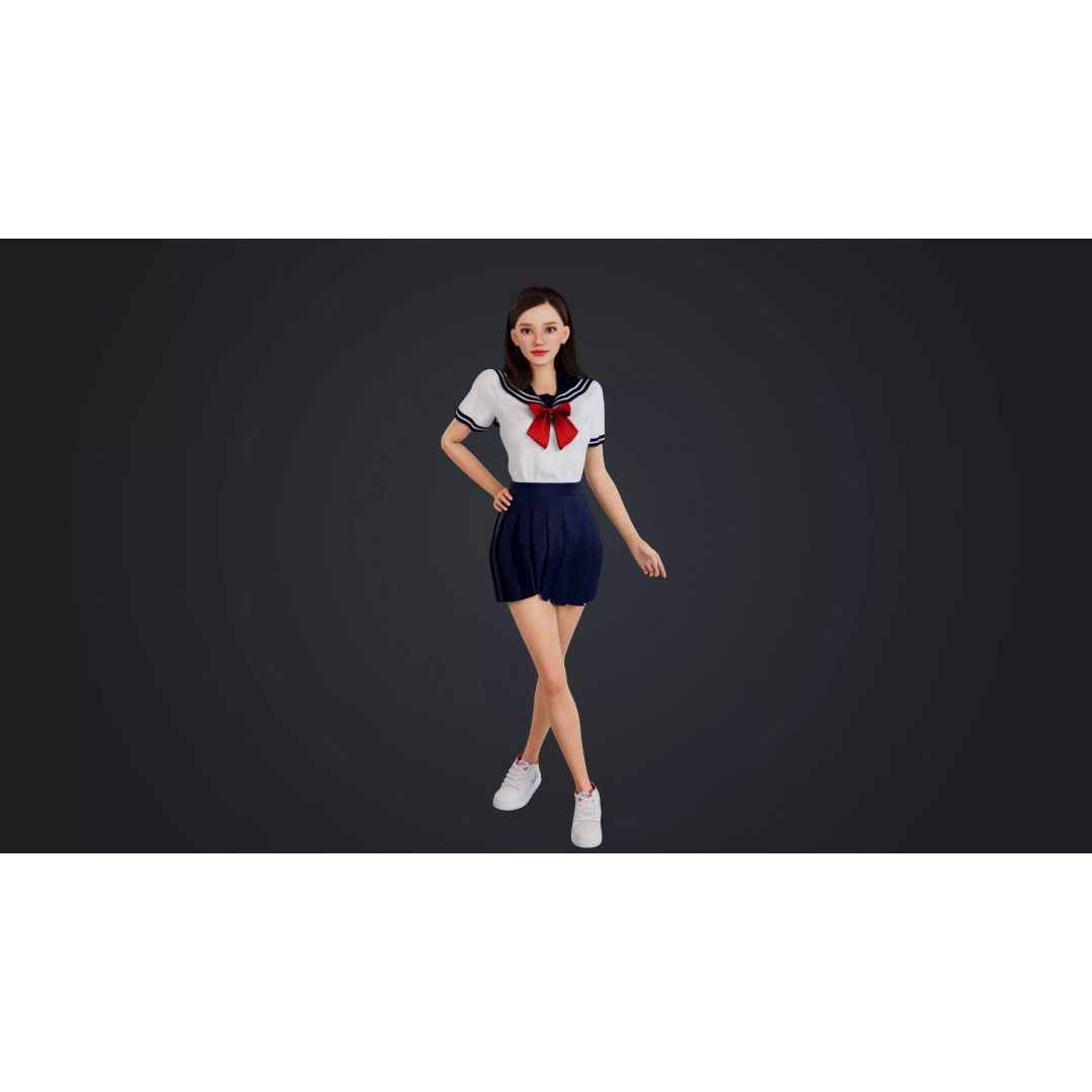JK Girl 3D Model – Low Poly Character, Rigged, FBX, OBJ - View 3
