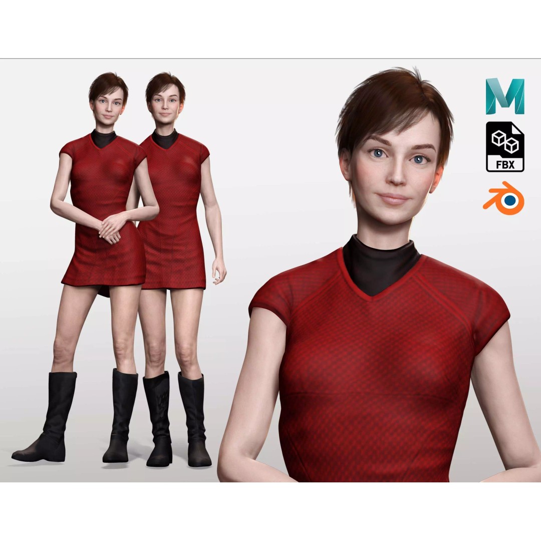 Mariya 3D Model – Realistic Female Character in Red Dress, Rigged - View 2
