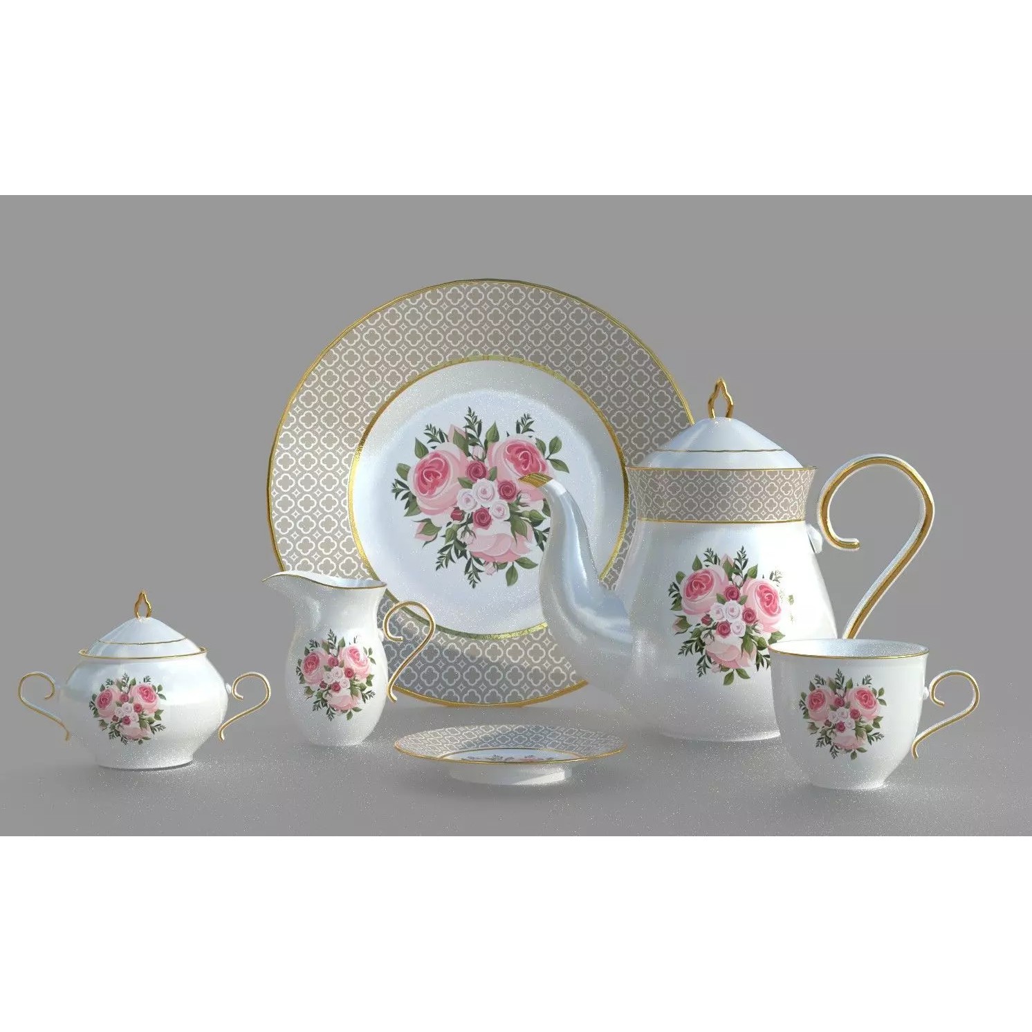 Tea Set with Roses - PBR Textured 3D Model - View 2