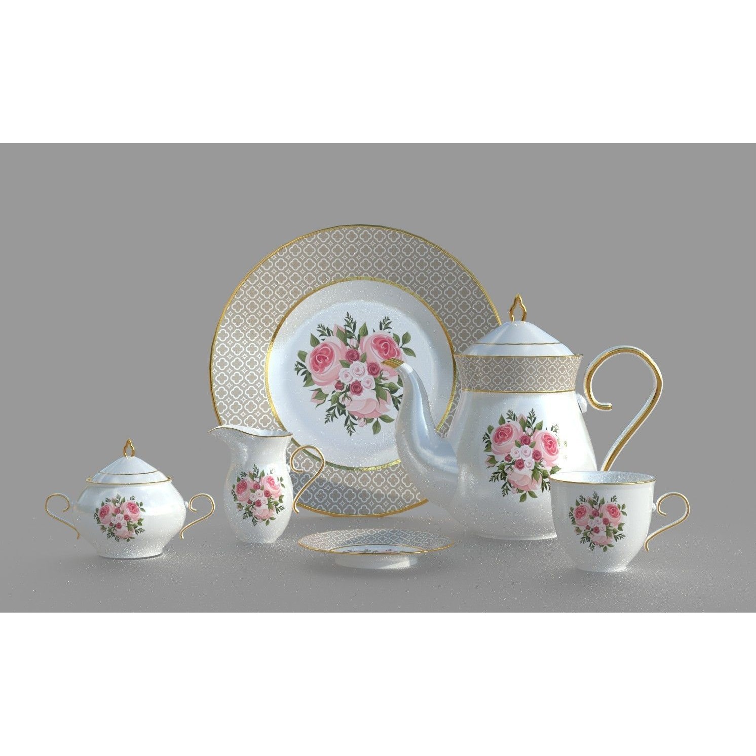 Tea Set with Roses - PBR Textured 3D Model - View 8
