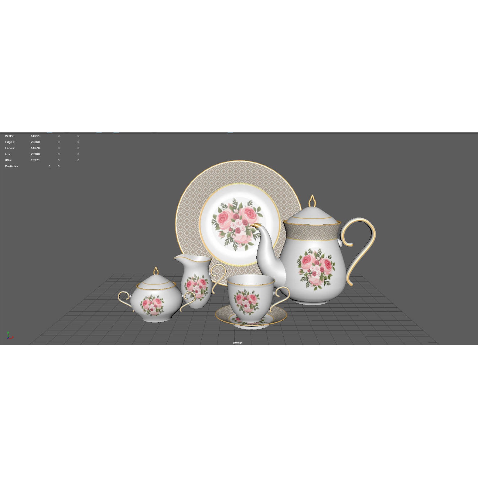 Tea Set with Roses - PBR Textured 3D Model - View 9