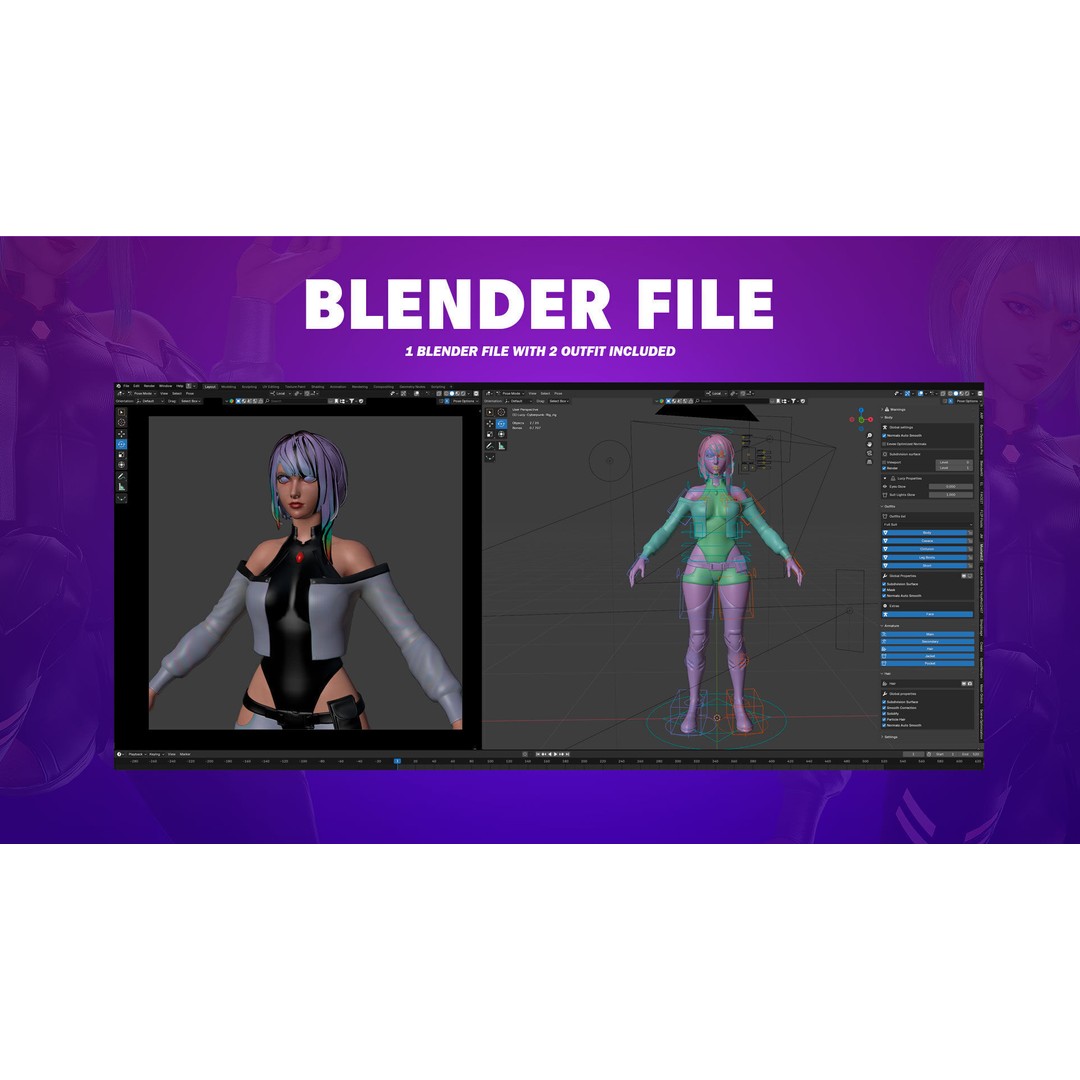 Lucy Cyberpunk Edgerunner 3D Model – Game Ready Low-Poly Character, Blender, FBX - View 11
