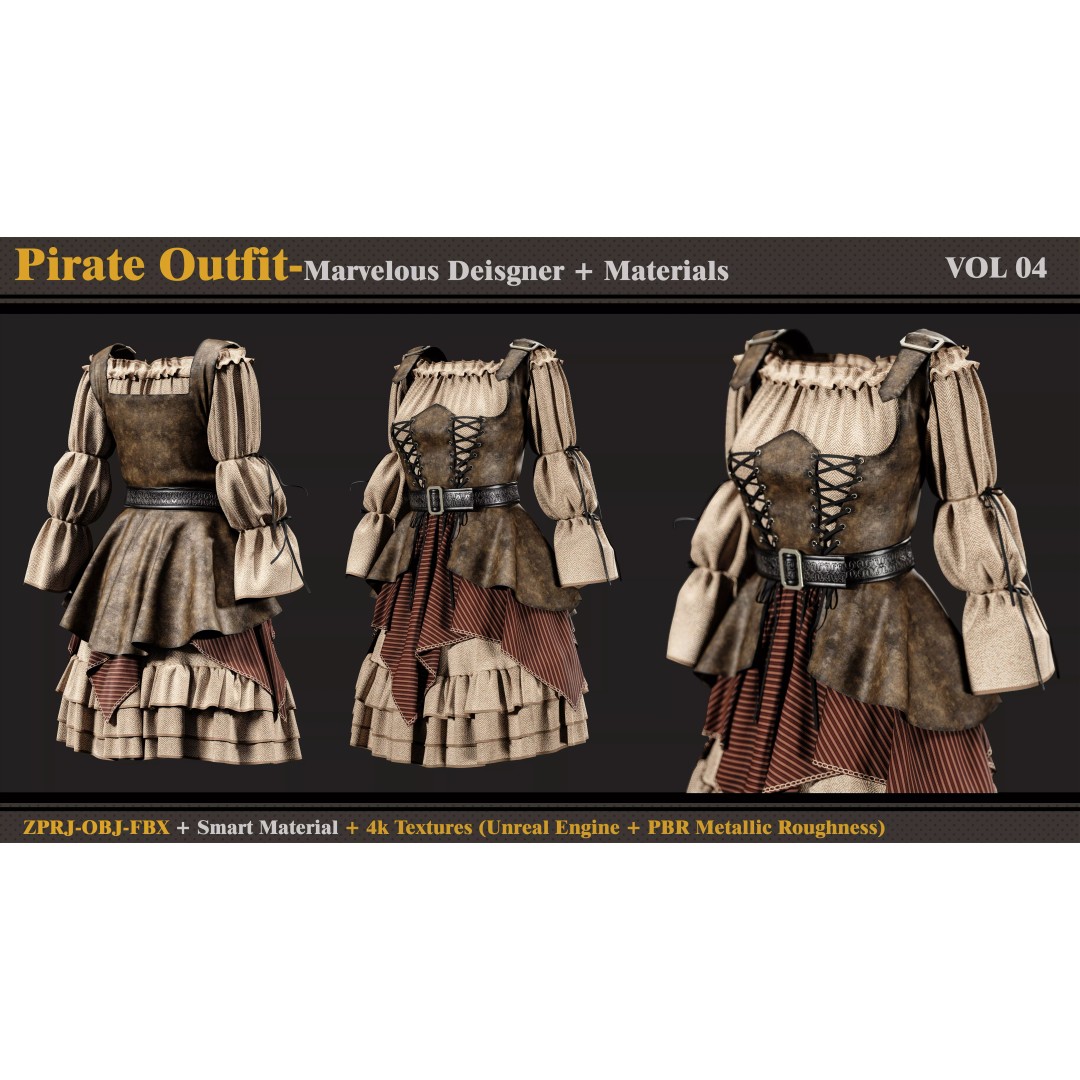 Pirate Outfit 3D Model – Clothing for Female Characters, FBX & OBJ - View 2
