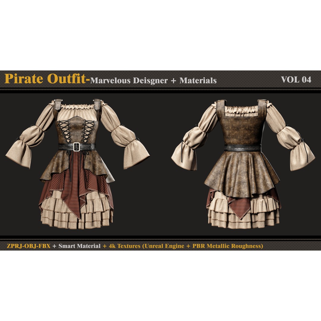 Pirate Outfit 3D Model – Clothing for Female Characters, FBX & OBJ - View 3
