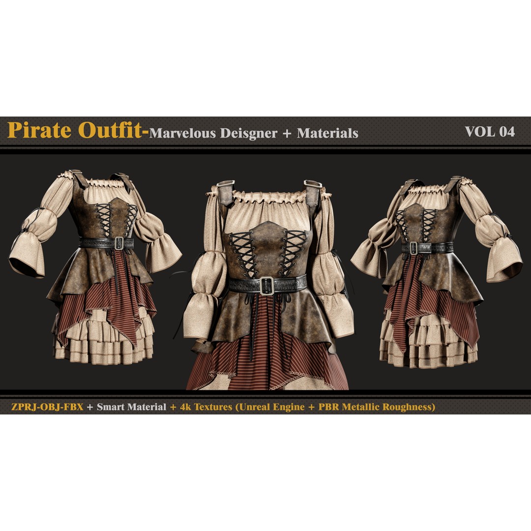 Pirate Outfit 3D Model – Clothing for Female Characters, FBX & OBJ - View 4