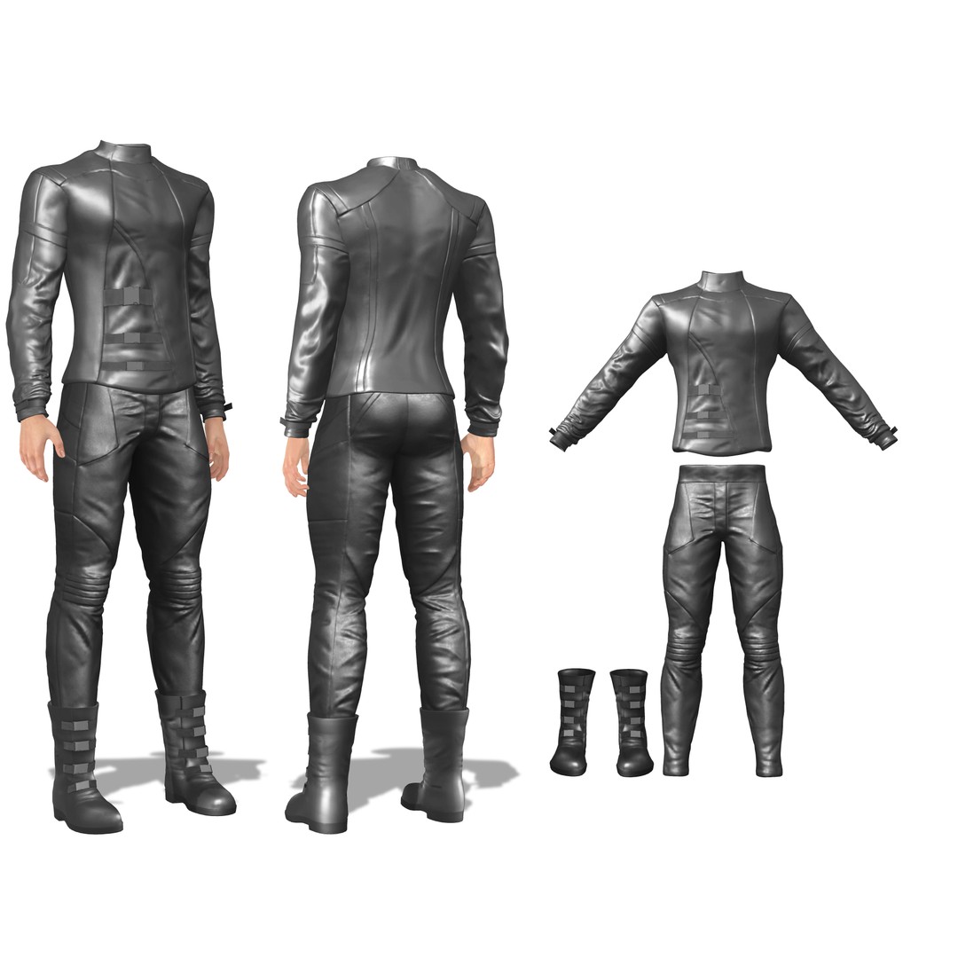 Male Black Leather Futuristic Dystopian Rider Outfit 3D Model – Low Poly Game Asset, FBX - View 3