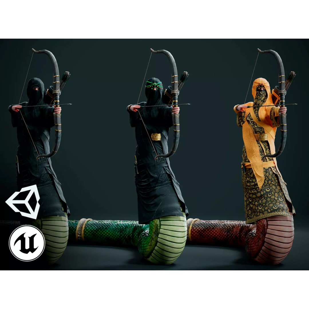 Snake Archer Girl 3D Model – Low Poly Animated Character, FBX - View 2