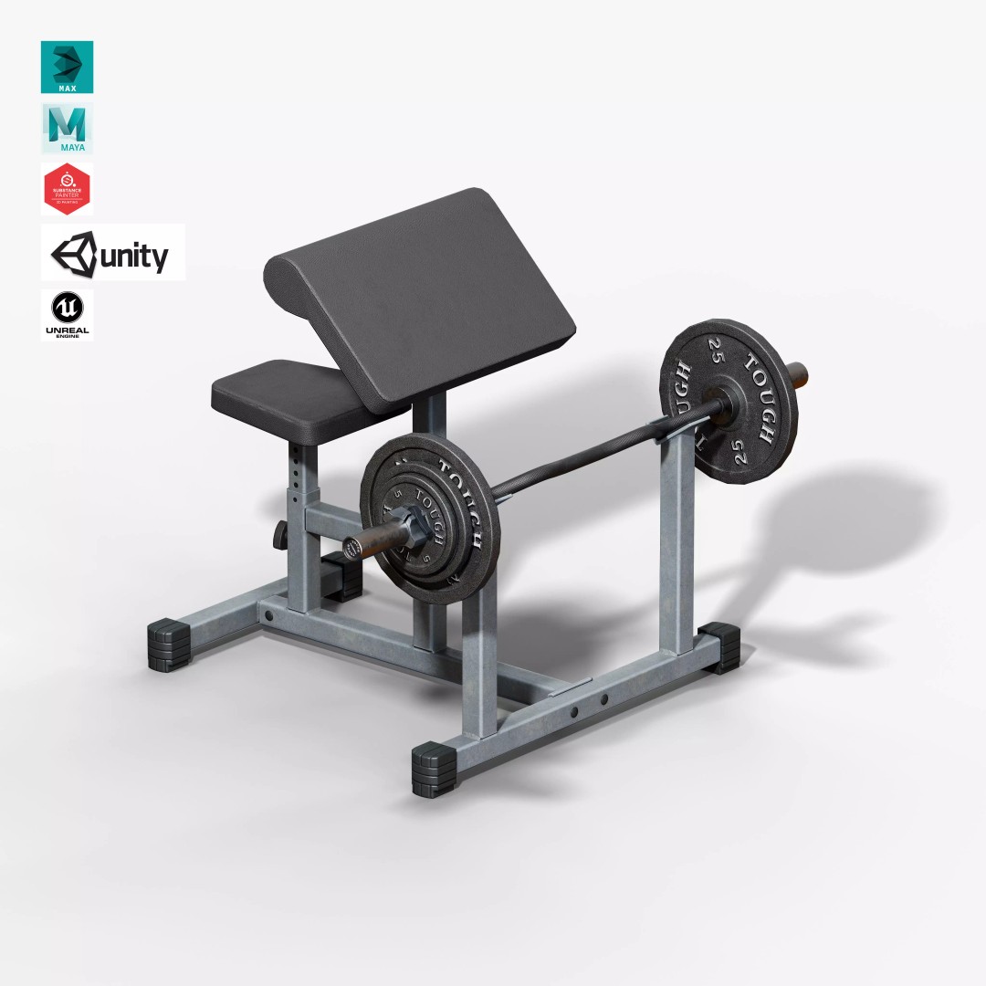 Preacher Curl Bench 3D Model – Low Poly Game Asset, FBX, PBR Textures - View 2