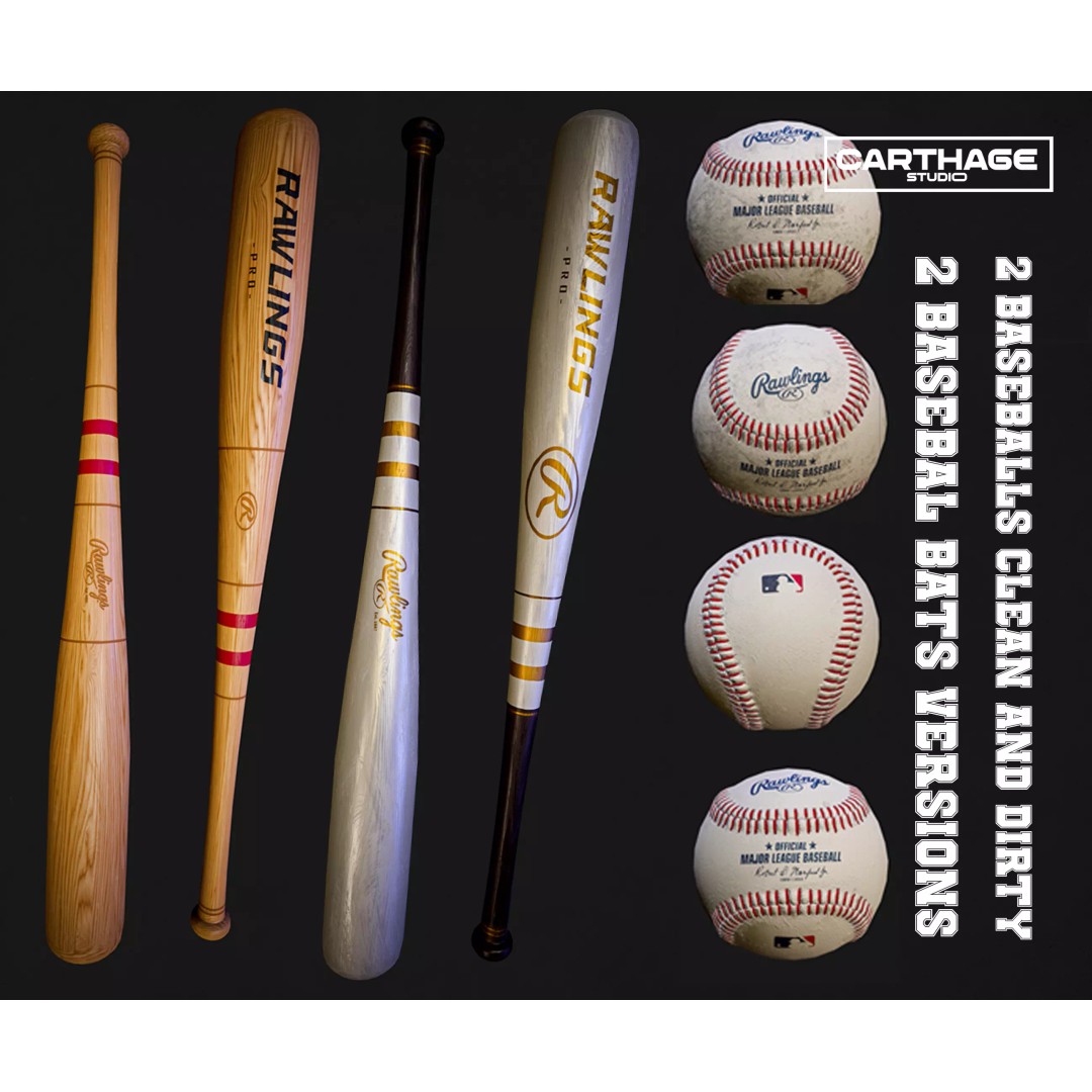 Baseball Bats and Balls 3D Model – Low Poly Game-Ready PBR Assets - View 2