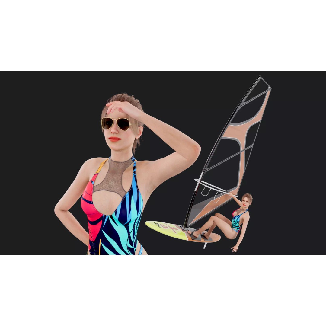 Female Windsurf 3D Model – Low Poly Rigged Character, FBX, OBJ - View 2