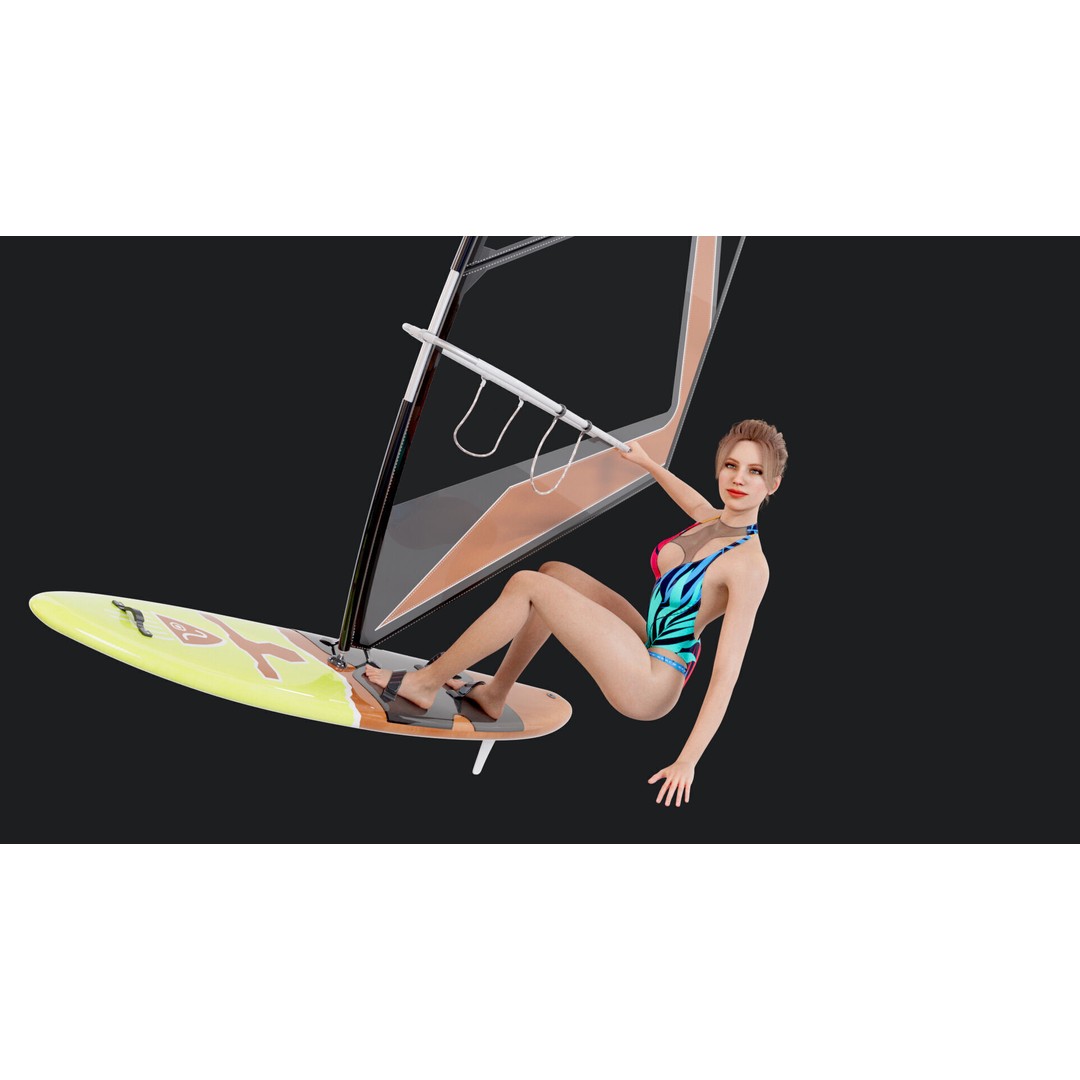Female Windsurf 3D Model – Low Poly Rigged Character, FBX, OBJ - View 3