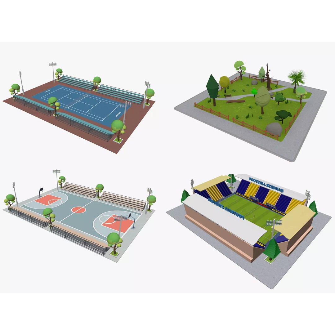 Cartoon Sport Buildings 3D Model – Low Poly Game Asset, FBX, OBJ, Blender - View 2