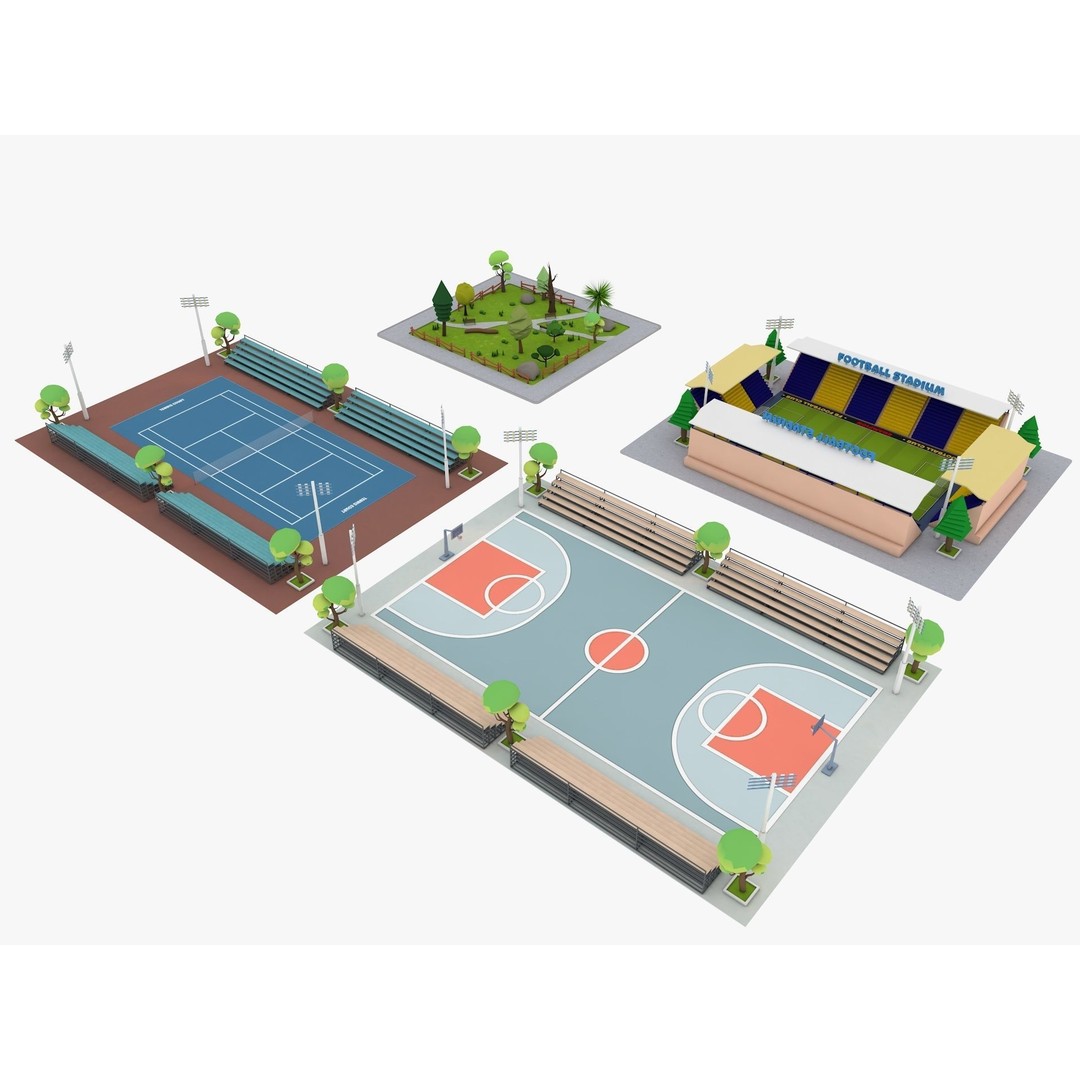 Cartoon Sport Buildings 3D Model – Low Poly Game Asset, FBX, OBJ, Blender - View 4