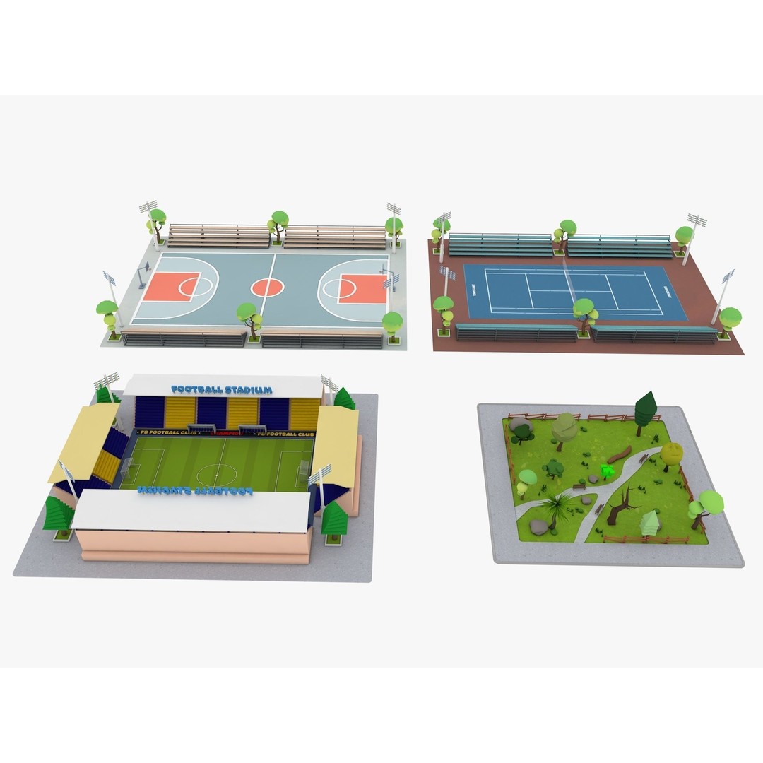 Cartoon Sport Buildings 3D Model – Low Poly Game Asset, FBX, OBJ, Blender - View 6