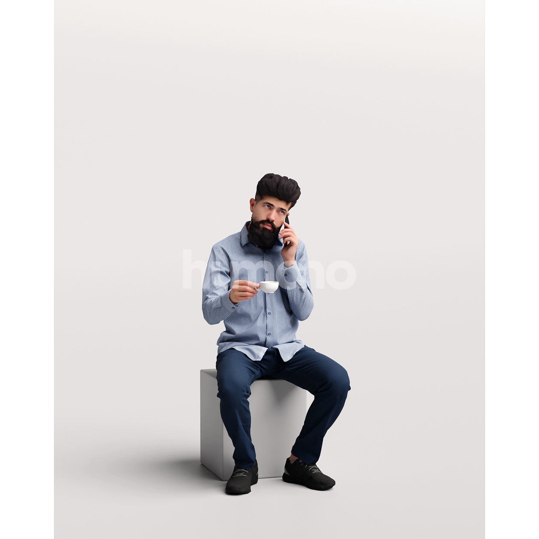 Man Sitting and Drinking Coffee 3D Model – Realistic Human Character, FBX - View 3
