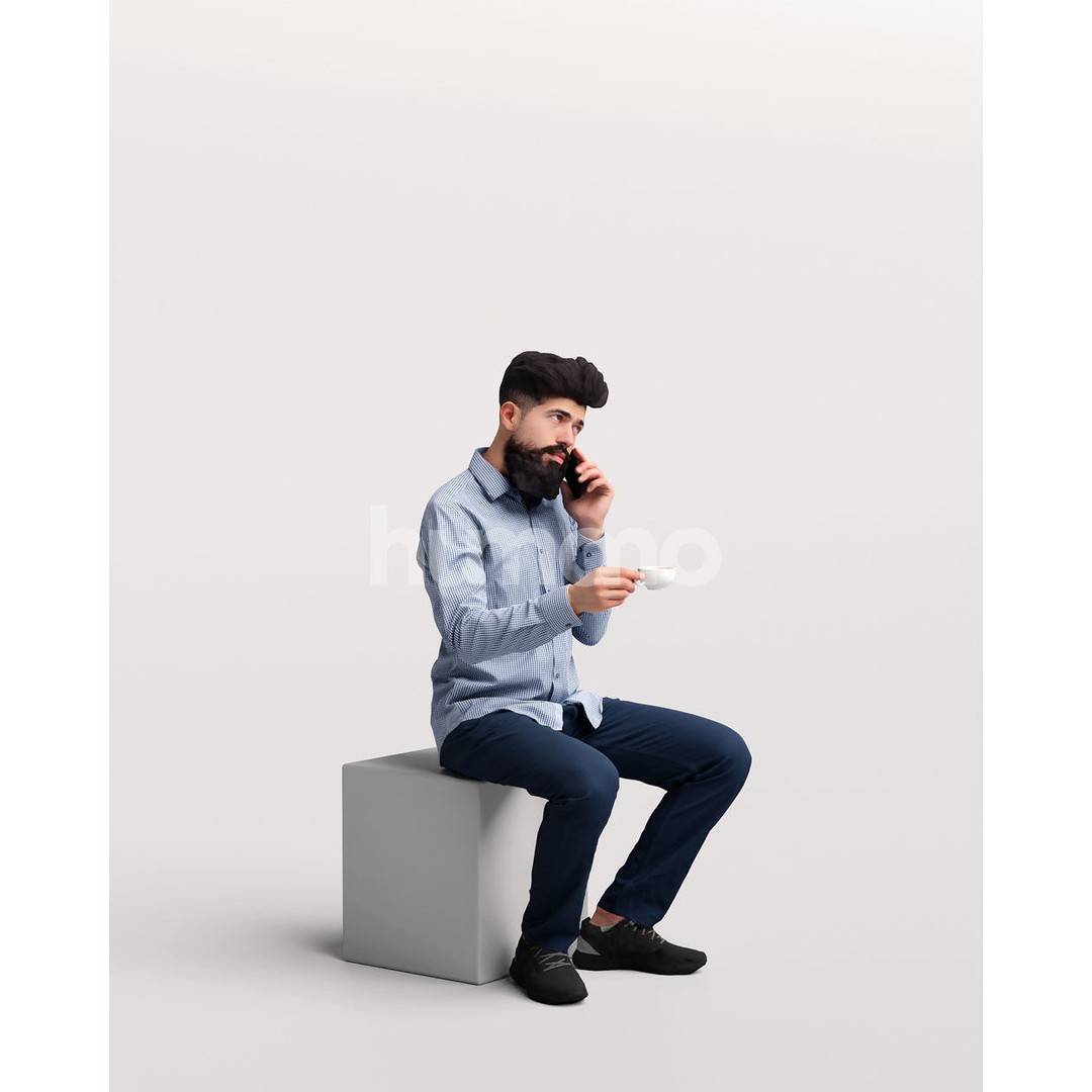 Man Sitting and Drinking Coffee 3D Model – Realistic Human Character, FBX - View 4