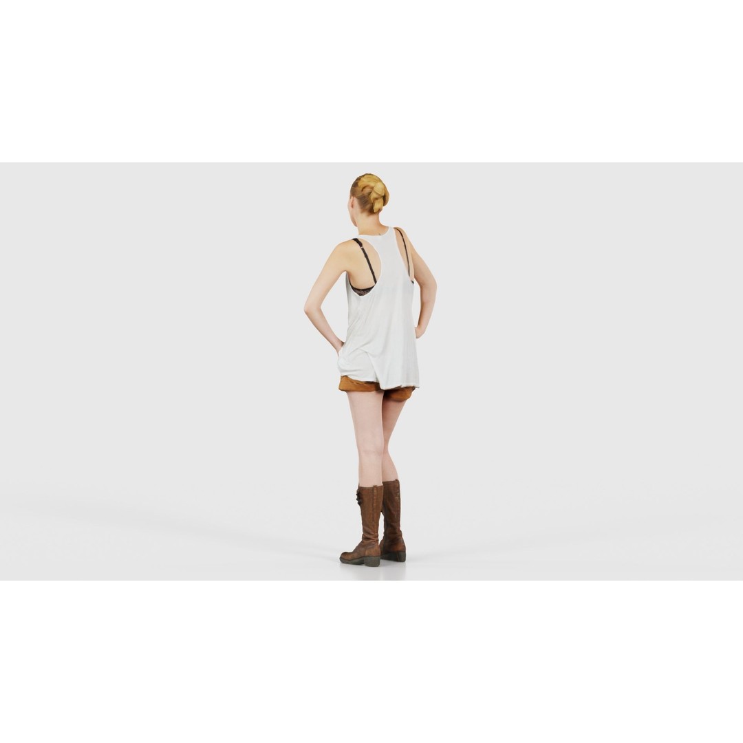Woman 3D Model – Low Poly Character in White Top and Beige Shorts - View 24