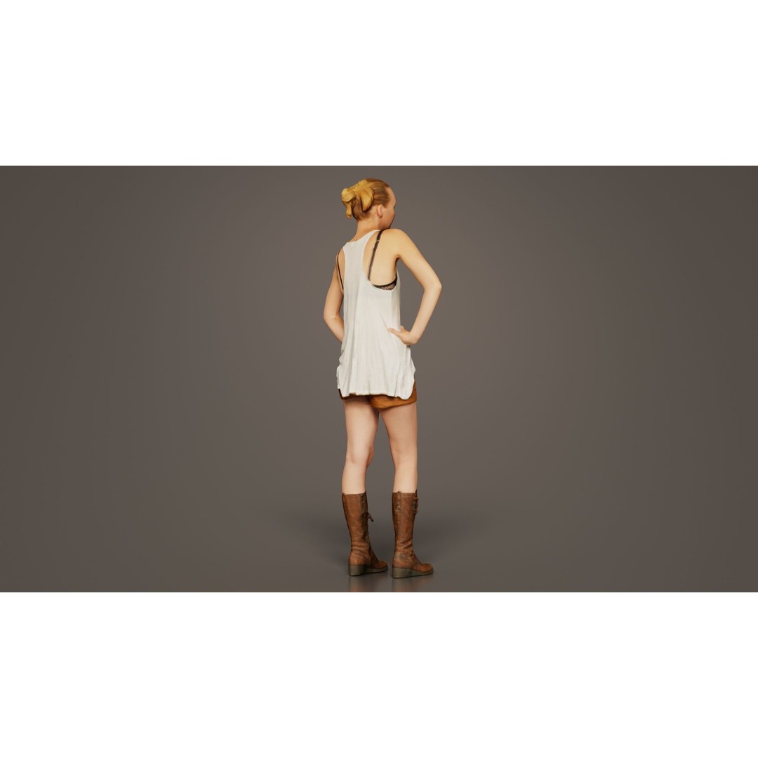Woman 3D Model – Low Poly Character in White Top and Beige Shorts - View 3