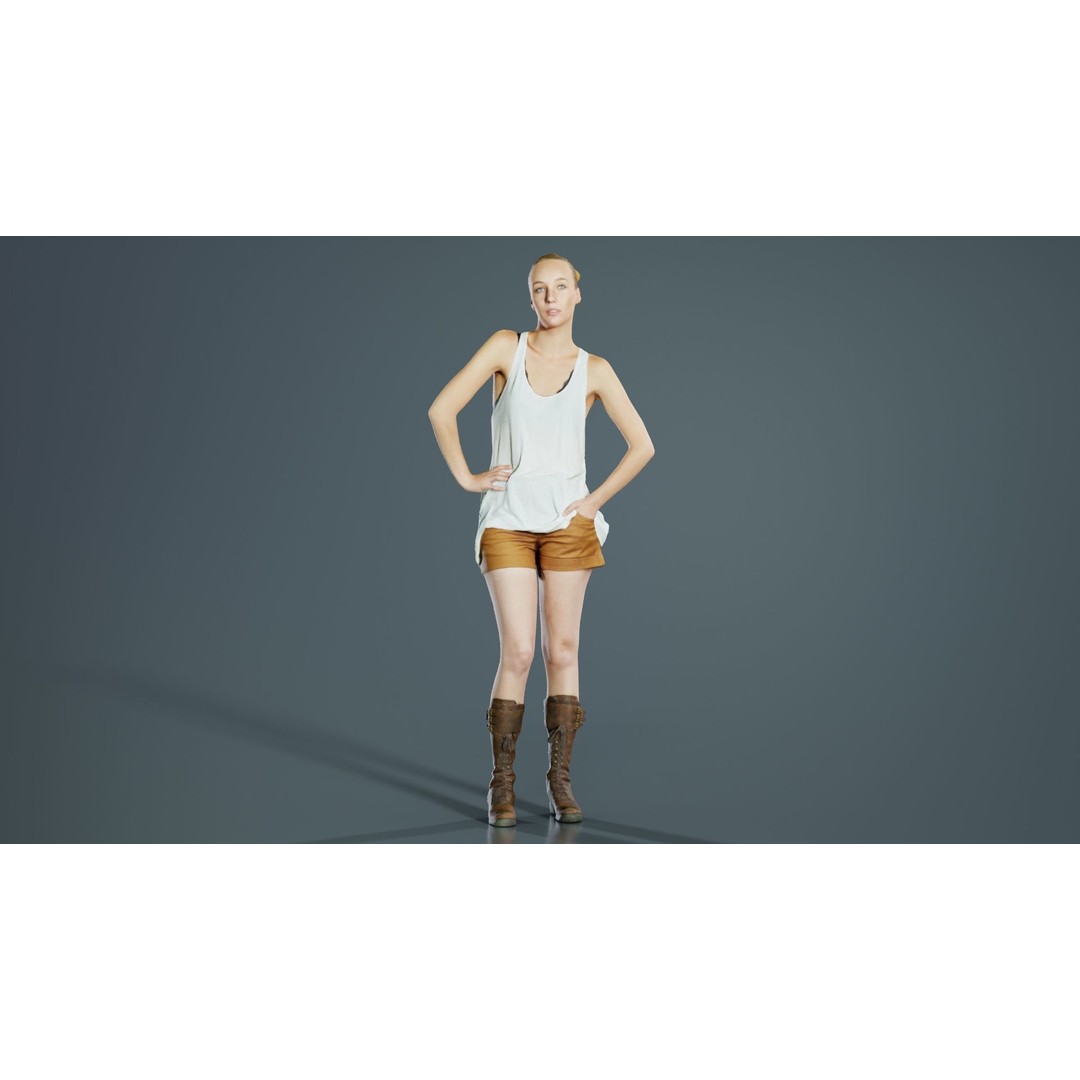 Woman 3D Model – Low Poly Character in White Top and Beige Shorts - View 8
