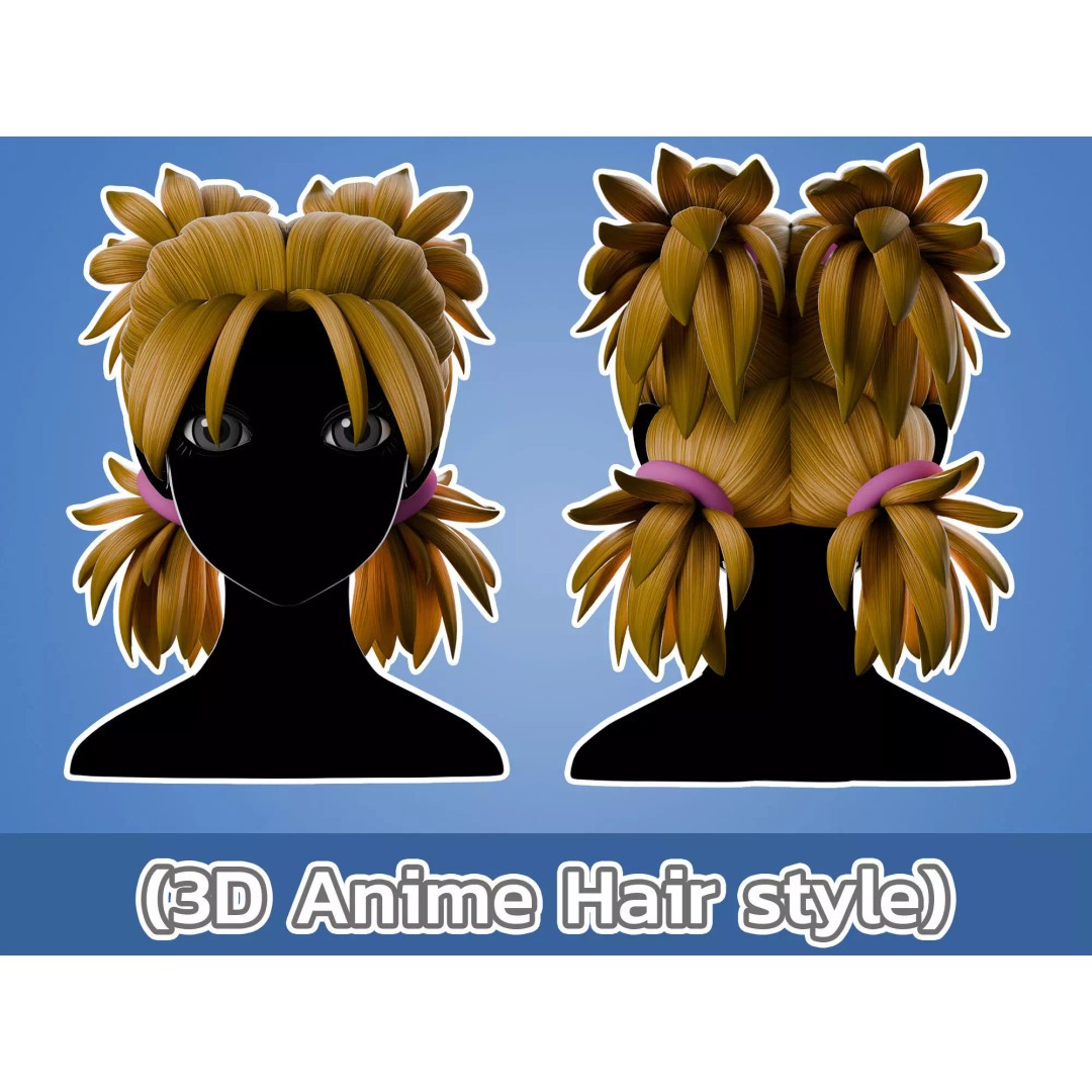 Anime Hair 3D Model – Low Poly Character Asset, Blender, FBX, OBJ - View 2