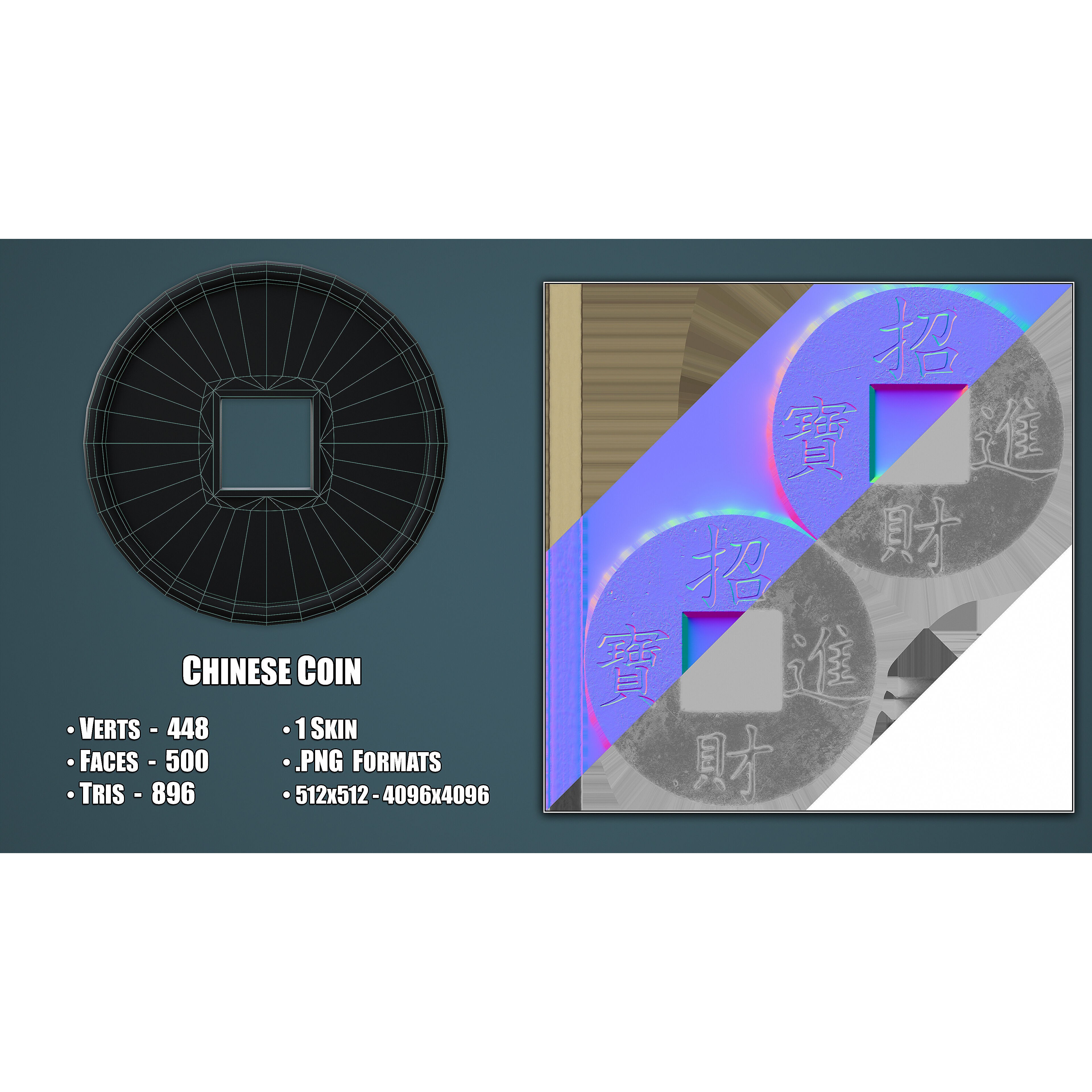 Old Chinese Coin - Low-Poly Game-Ready 3D Model - View 4