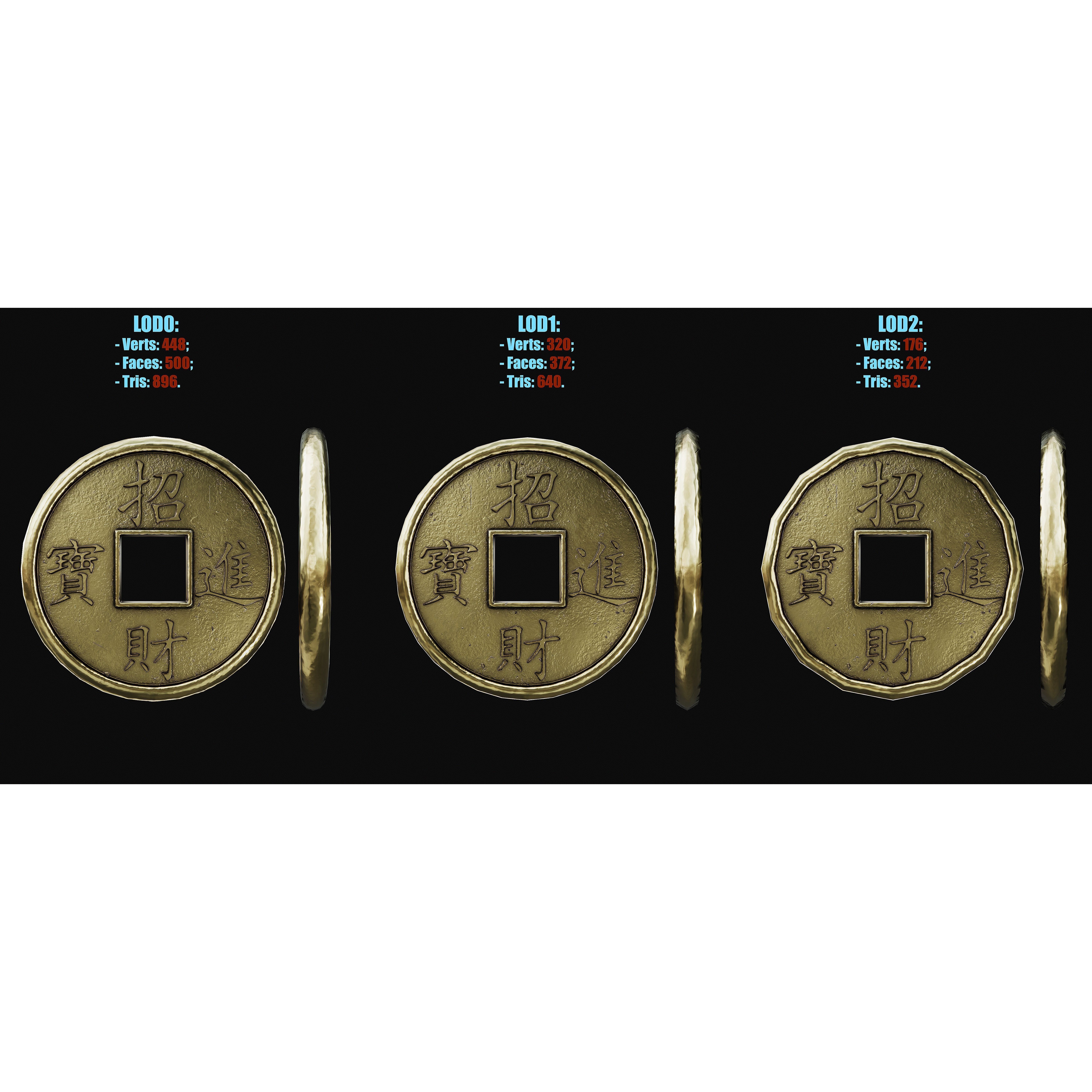 Old Chinese Coin - Low-Poly Game-Ready 3D Model - View 5